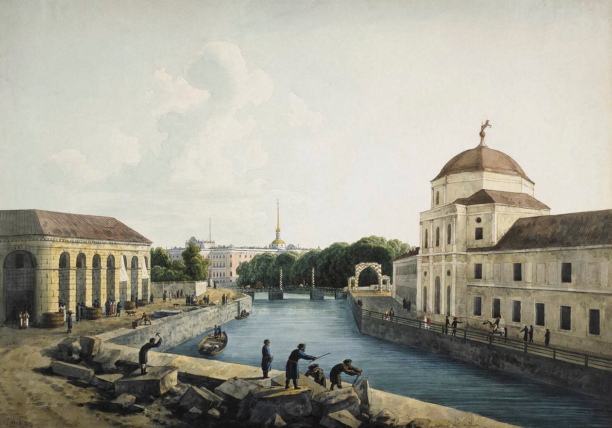 Utsikt over Moika-elven ved den keiserlige stallen, St Petersburg, Russland, 1809. av Andrej Martynoff