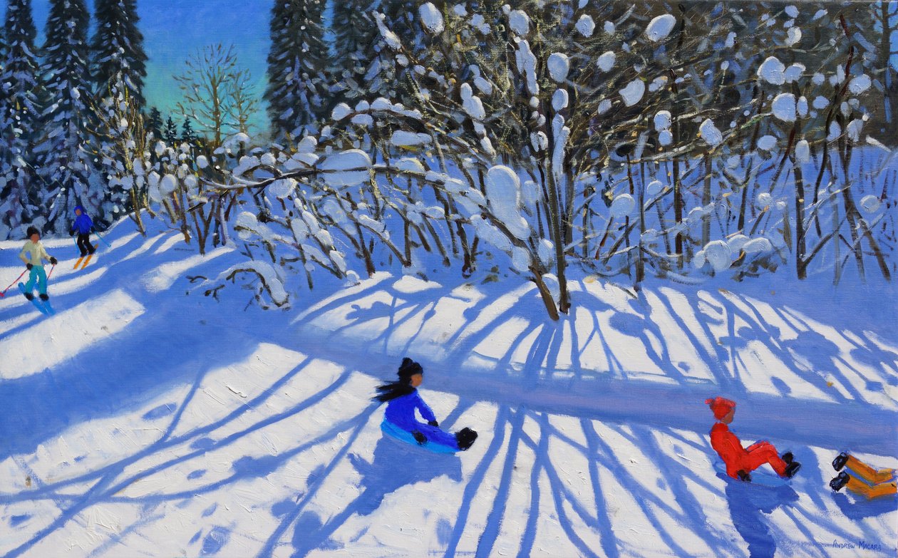 Slede og gå på ski nedover stien, Morzine, av Andrew Macara