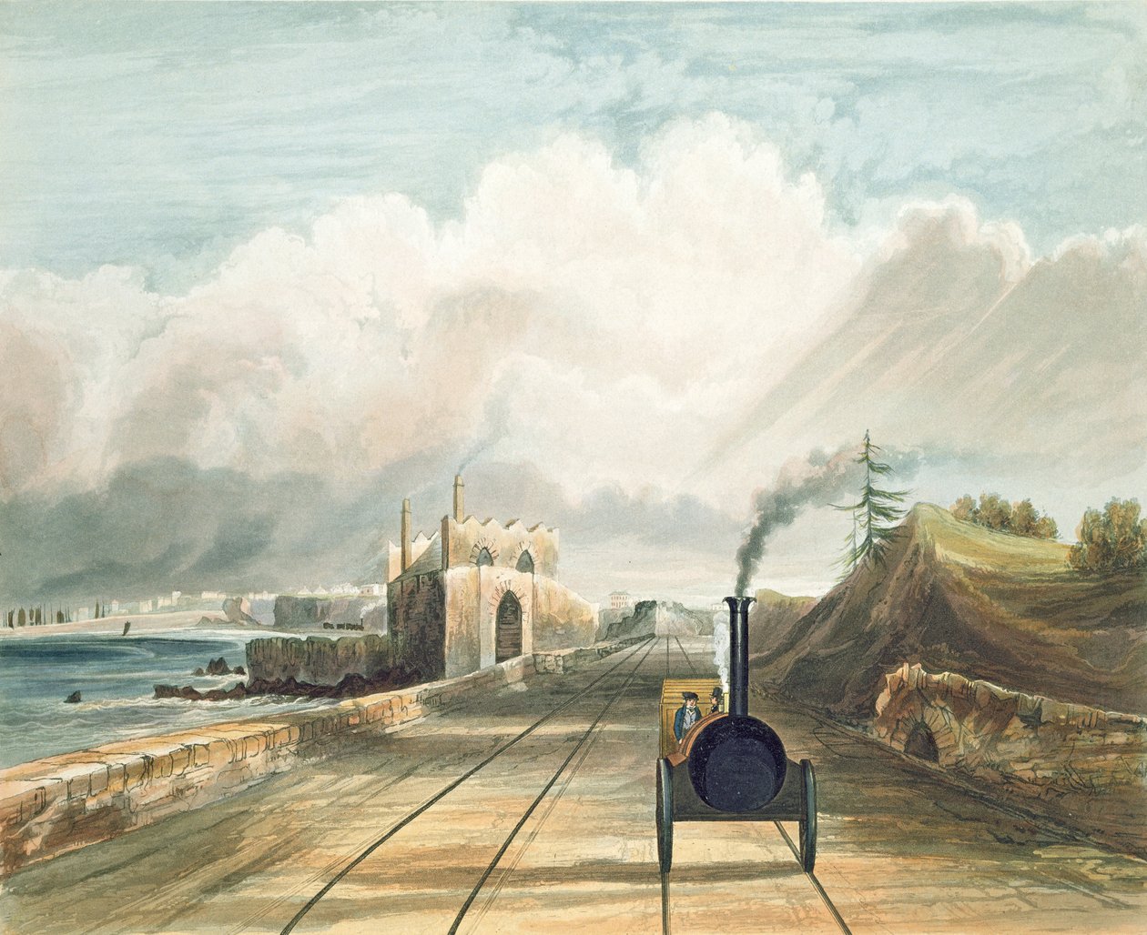 Dublin og Kingstown Railway: Fra gangbroen ved Sea Point Hotel, ser mot Salt Hill, Kingstown havn i det fjerne, gravert av J. Harris, 1834 av Andrew Nicholl