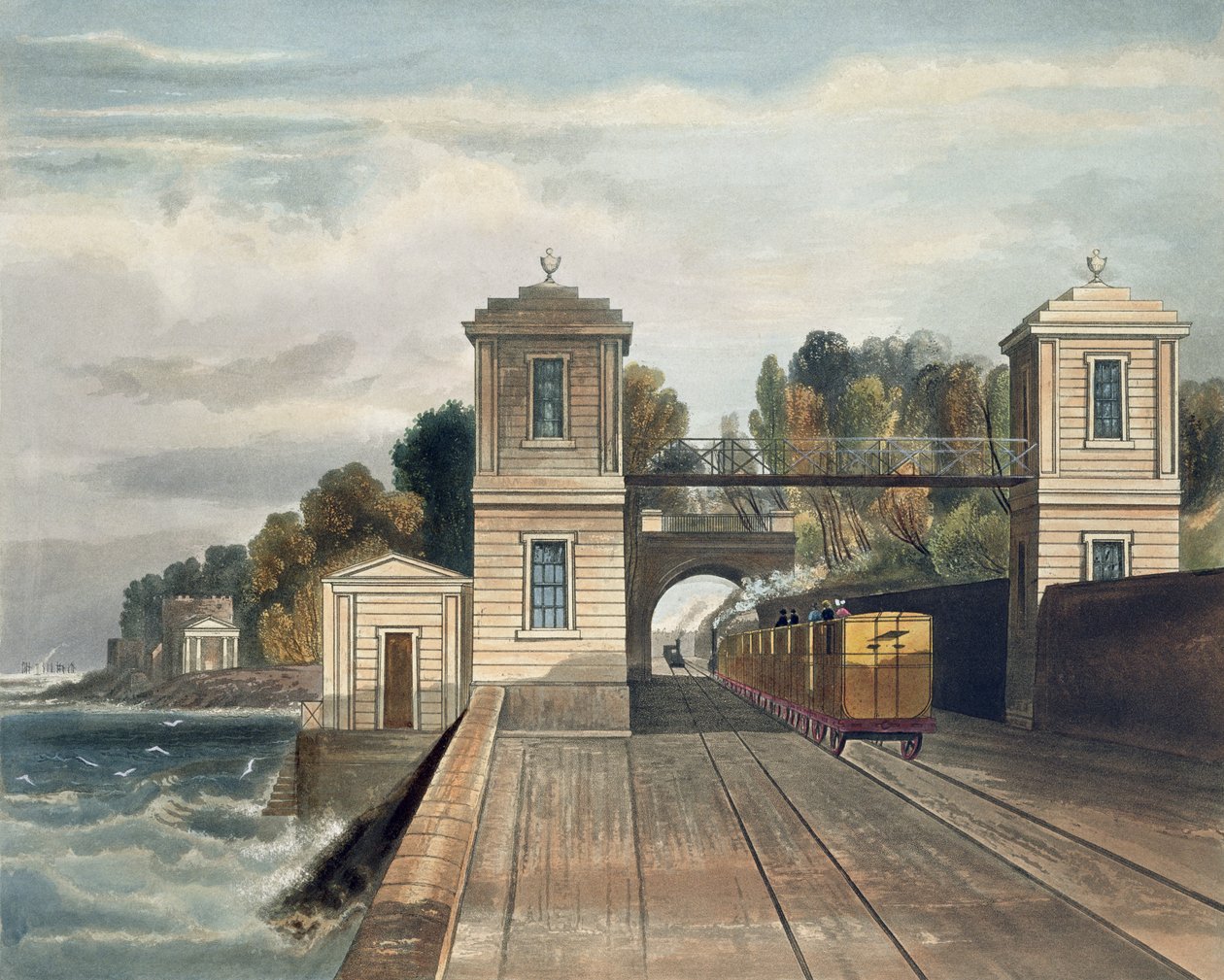 Dublin og Kingstown Railway: Granittpaviljonger og tunnelinngang ved Lord Cloncurry Demesne fra Maritimo nær Blackrock, Kingstown Harbour i det fjerne, gravert av S.G. Hughes, 1834 av Andrew Nicholl