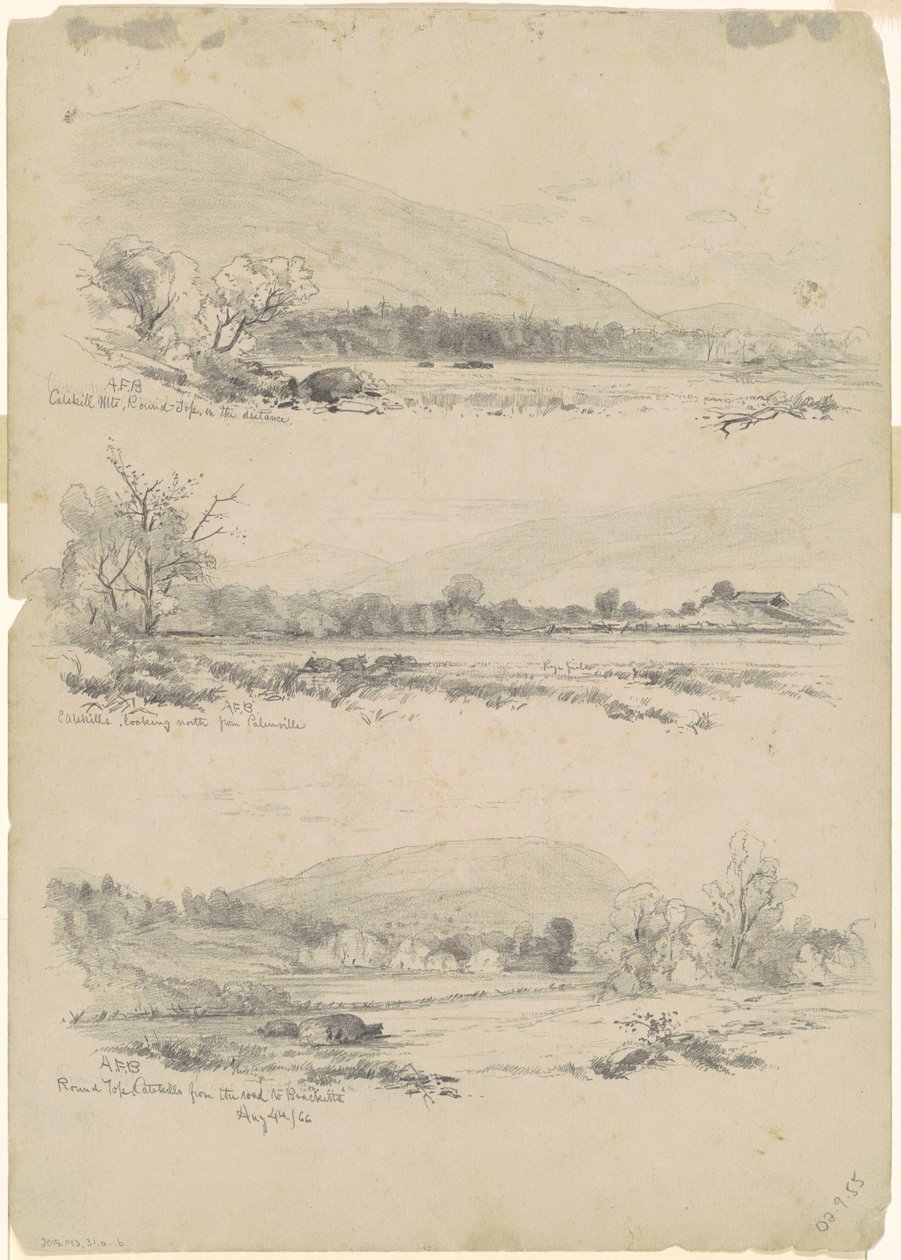 Catskill Mountains, Round-Top i det fjerne; Catskills ser nordover fra Palenville; og Round Top, Catskills, fra veien til Bracketts [verso] av Andrew Fisher Bunner