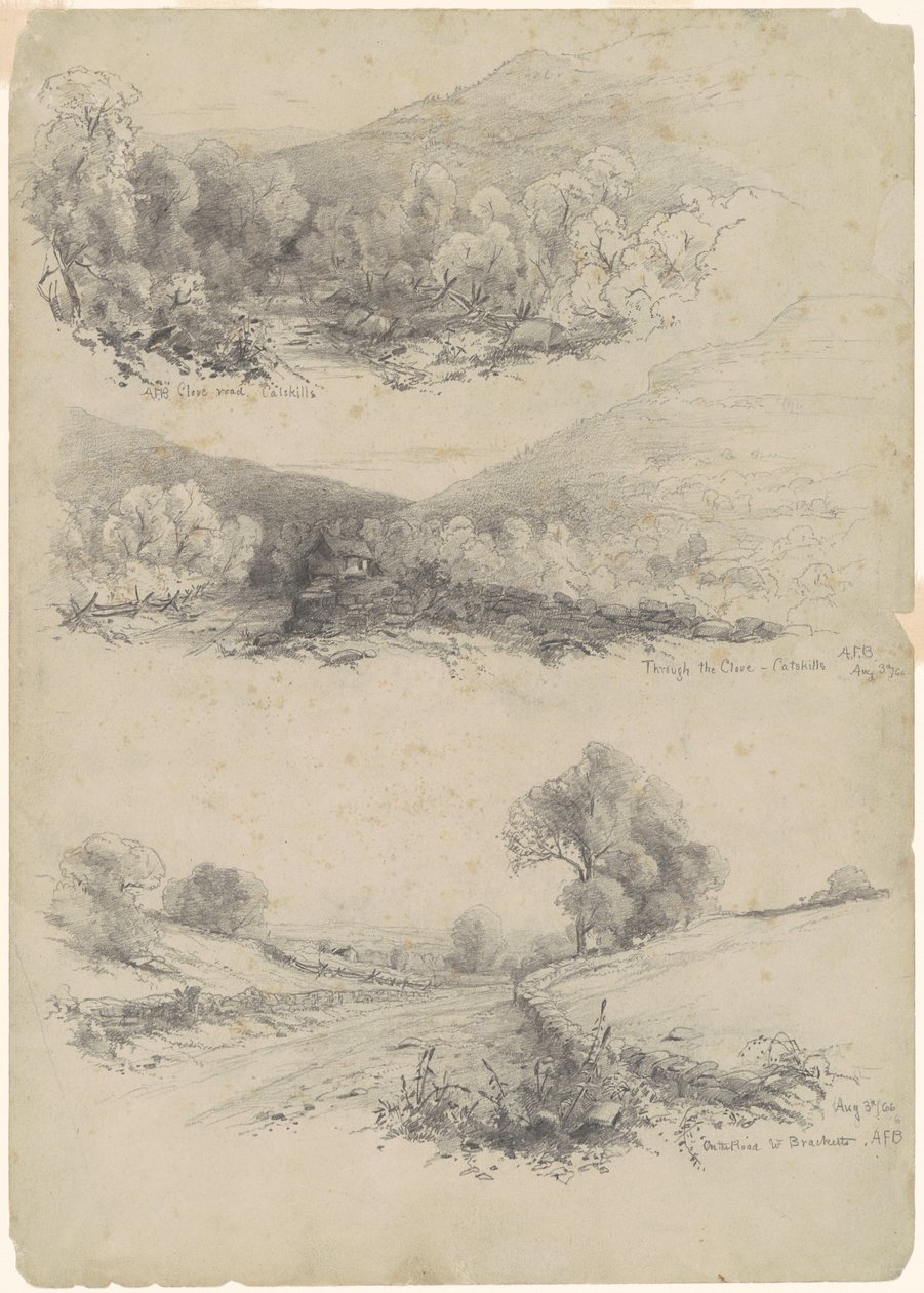 Clove Road, Catskills; Gjennom nellik—Catskills; og On the Road to Bracketts [recto] av Andrew Fisher Bunner