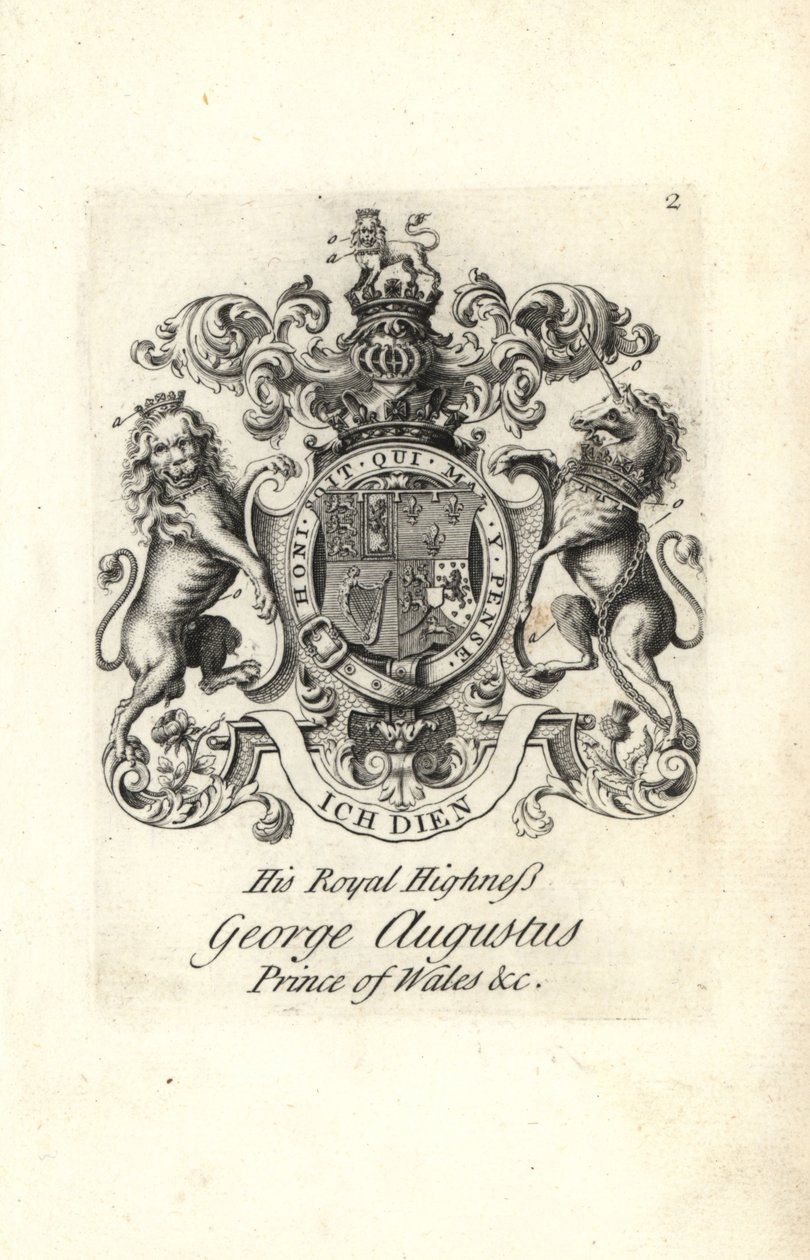 Våpenskjold og våpenskjold til Hans Kongelige Høyhet George Augustus, prins av Wales, senere kong George II av England av Andrew Johnston