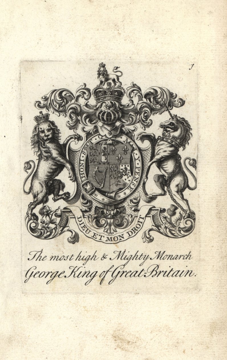 Våpenskjold og våpenskjold til den mest høye og mektige monarken kong George I av Storbritannia av Andrew Johnston