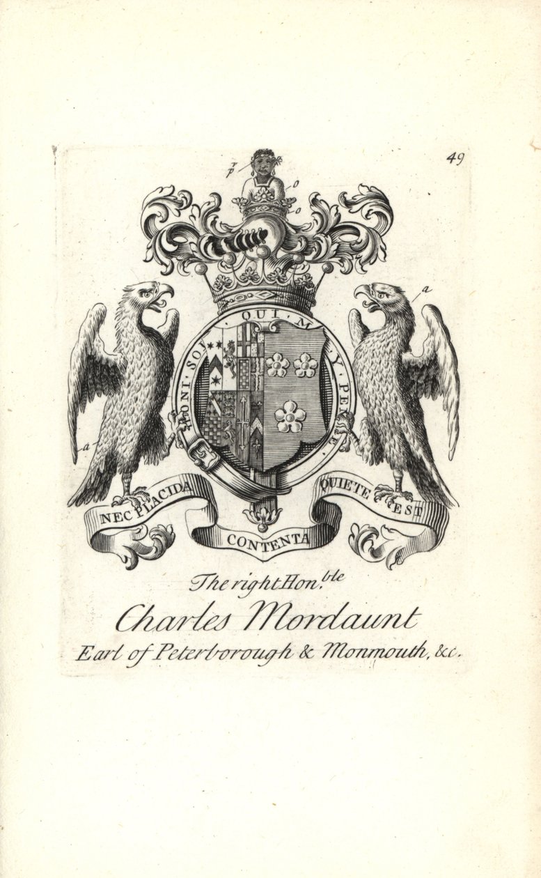 Våpenskjold og våpenskjold til høyre ærede Charles Mordaunt, 3. jarl av Peterborough og 1. jarl av Monmouth av Andrew Johnston