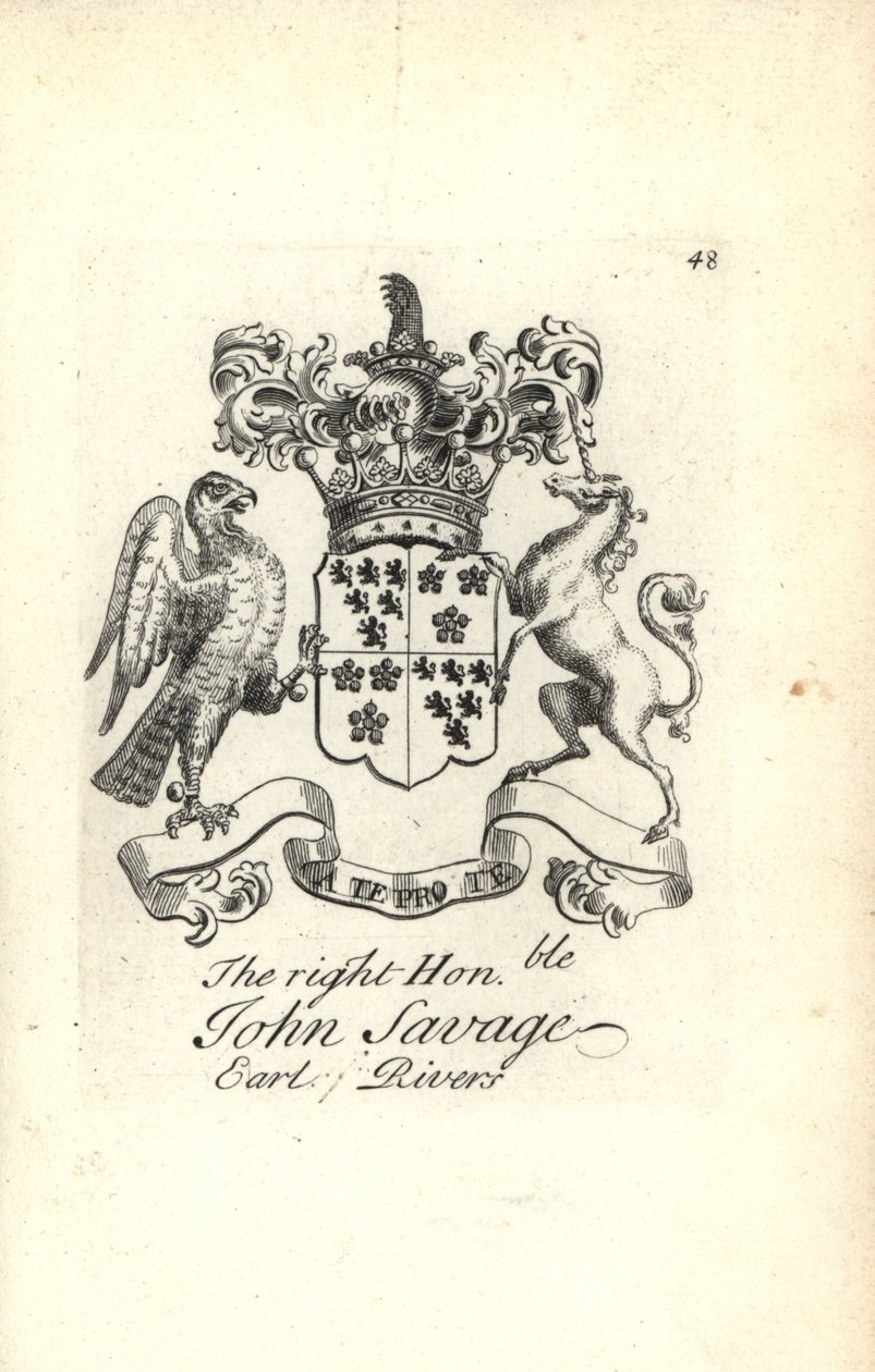 Våpenskjold og emblem av den høyre ærede John Savage, 5. jarl av elver av Andrew Johnston