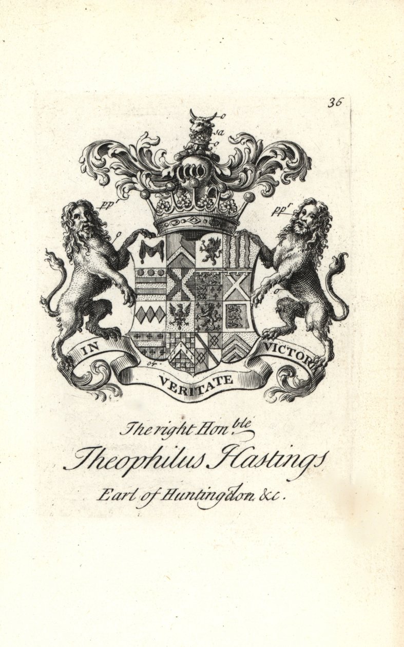 Våpenskjold og våpenskjold til den høyre ærede Theophilus Hastings, 9. jarl av Huntingdon av Andrew Johnston