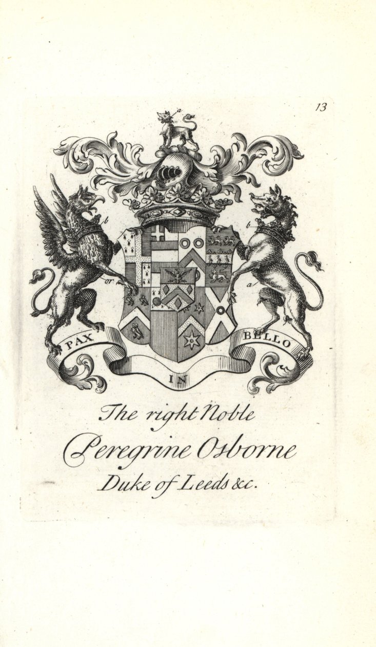 Våpenskjold og våpenskjold av den høyre adelige Peregrine Osborne, 2nd Duke of Leeds av Andrew Johnston