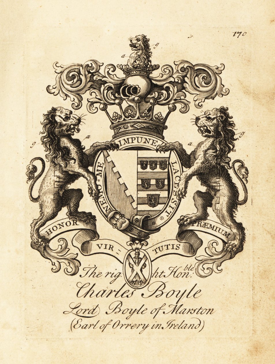Våpenskjold til høyre ærede Charles Boyle, Lord Boyle av Marston, 4. jarl av Orrery i Irland av Andrew Johnston