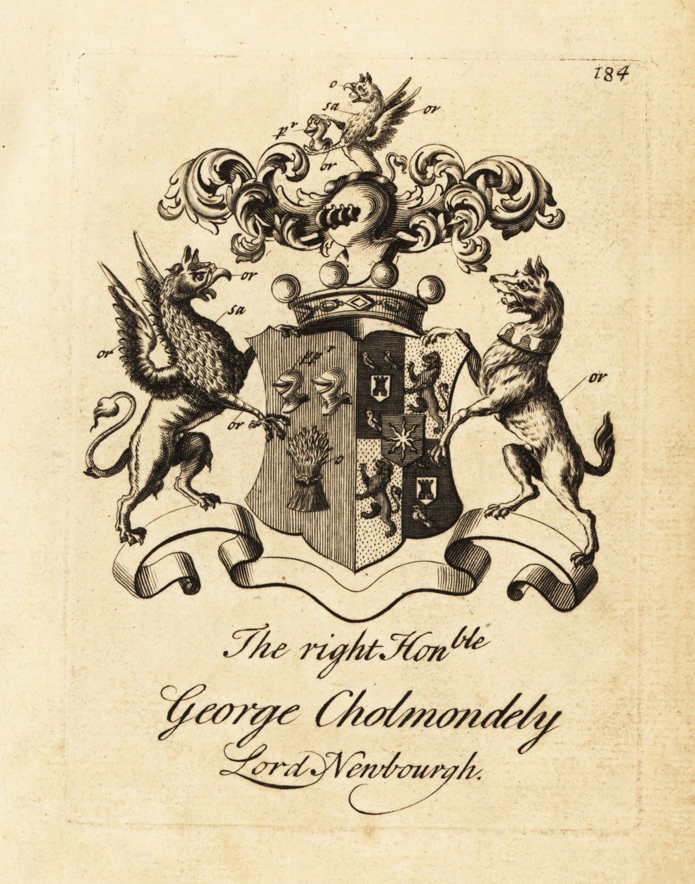 Våpenskjold til høyre ærede George Cholmondely, Lord Newbourgh, 2. jarl av Cholmondeley av Andrew Johnston