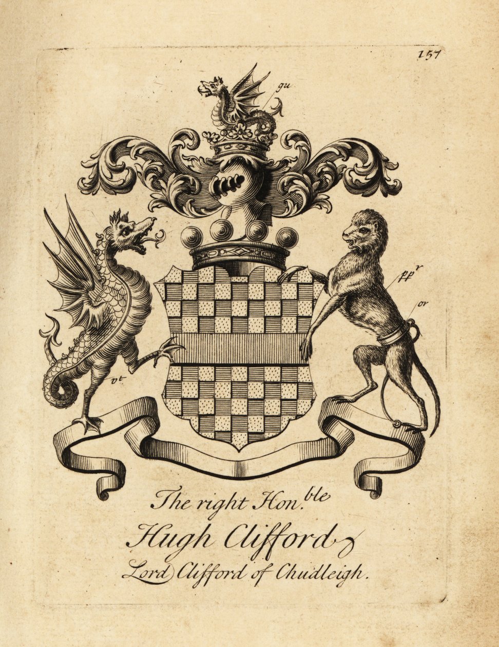 Våpenskjold til høyre ærede Hugh Clifford, Lord Clifford av Chudleigh, 2. baron Clifford av Chudleigh (1663–1730) av Andrew Johnston