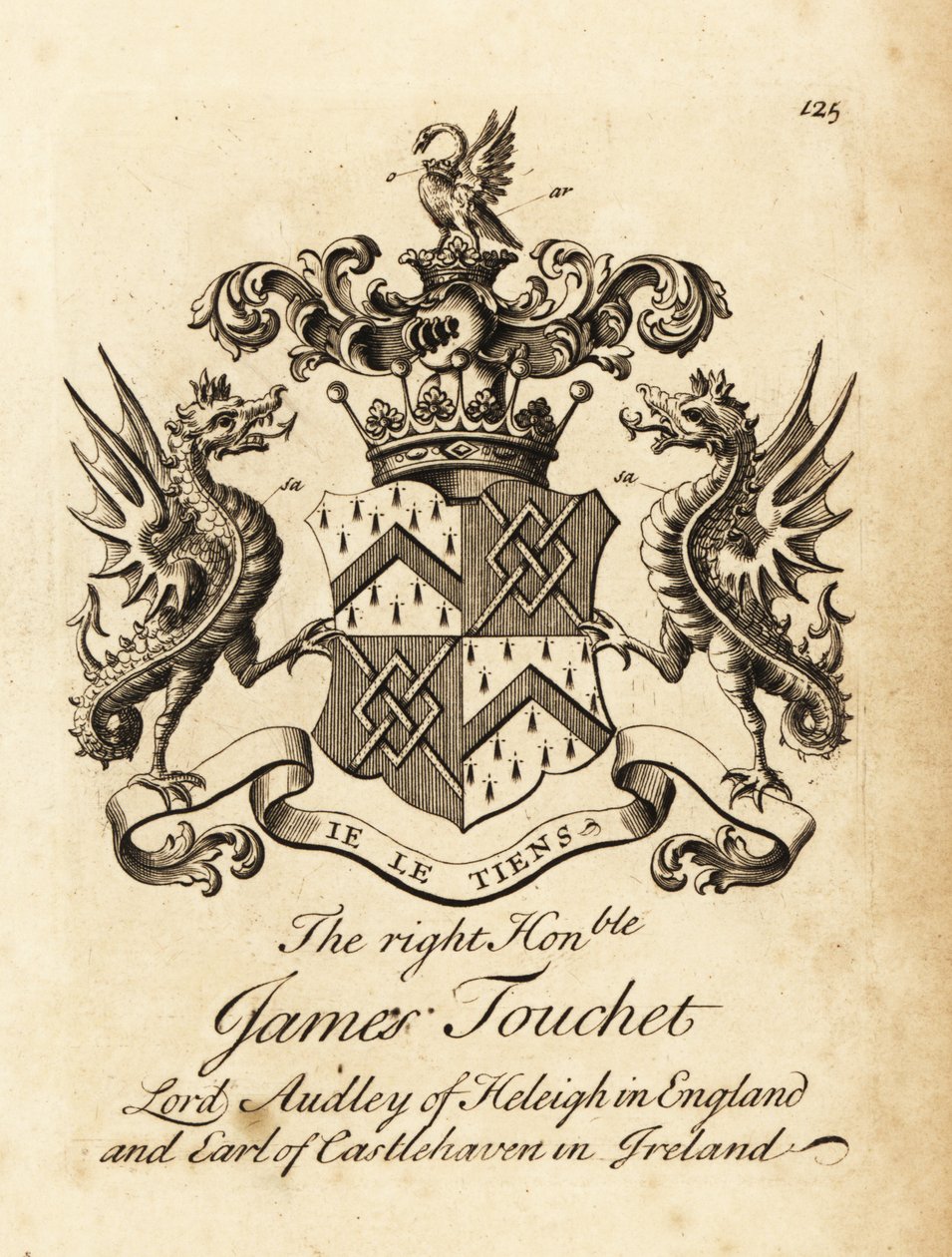 Våpenskjold til høyre ærede James Touchet, Lord Audley av Heleigh i England, 6. jarl av Castlehaven i Irland, død 1740 av Andrew Johnston