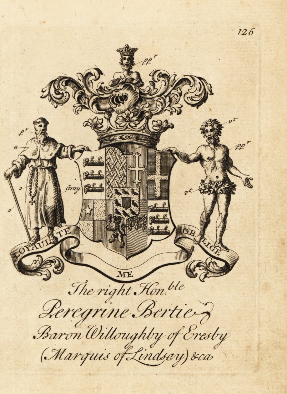 Våpenskjold til Høyre ærede Peregrine Bertie, Baron Willoughby av Eresby, Marquis of Lindsay, 2nd Duke of Ancaster og Kesteven av Andrew Johnston