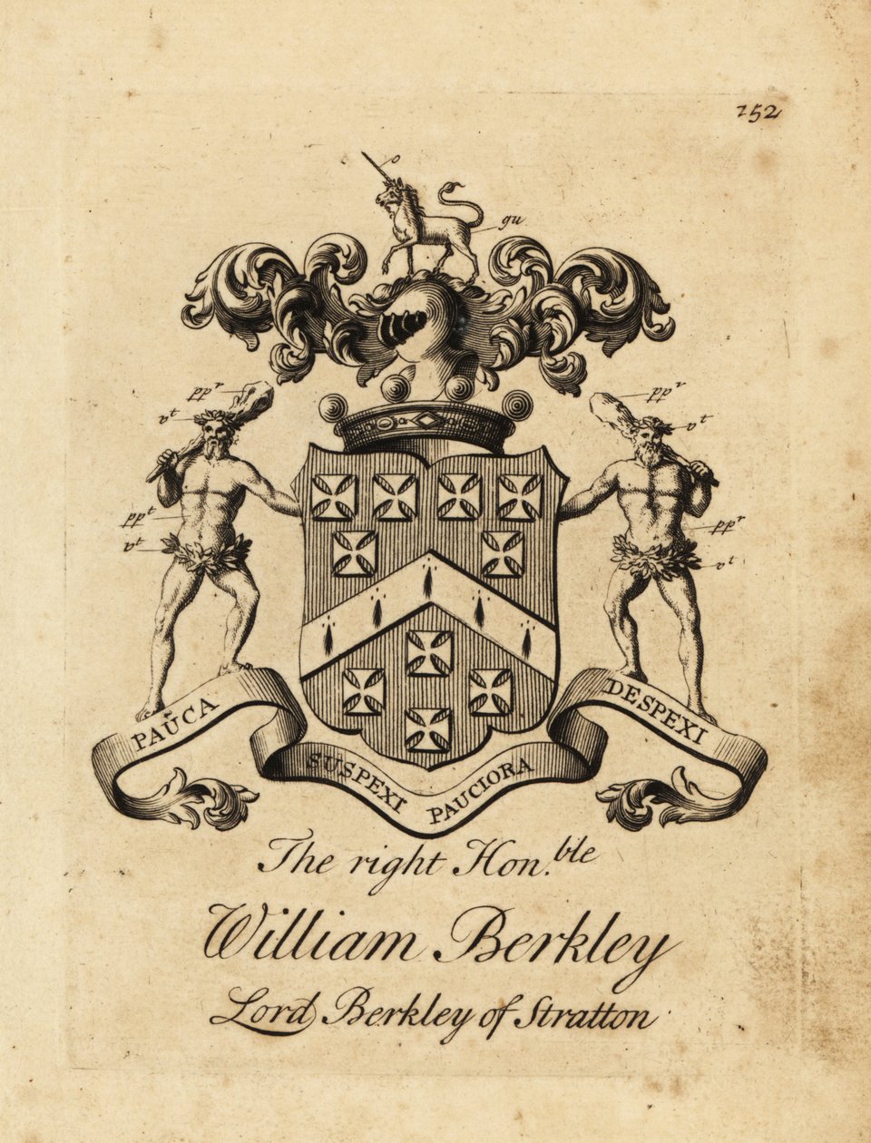 Våpenskjold til høyre ærede William Berkley, Lord Berkley av Stratton, 4. baron Berkeley av Stratton, død 1741 av Andrew Johnston