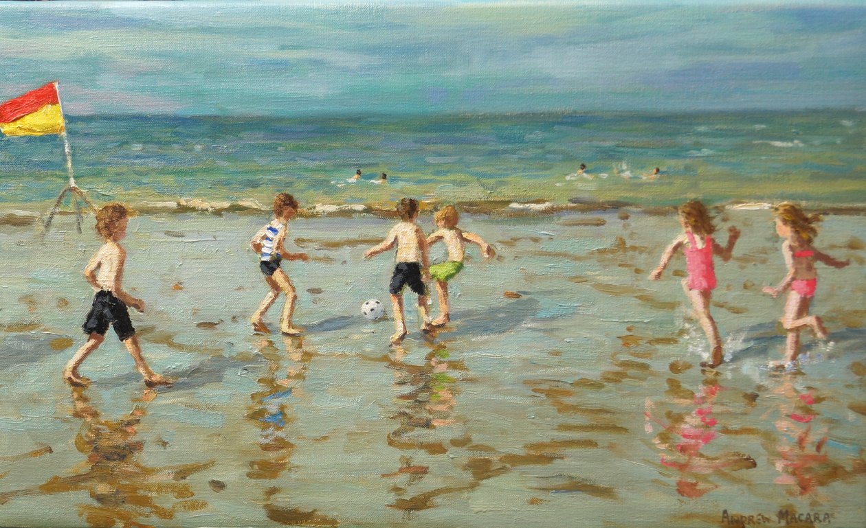 Strandfotball, Sheringham, 2018 (olje på lerret) av Andrew Macara