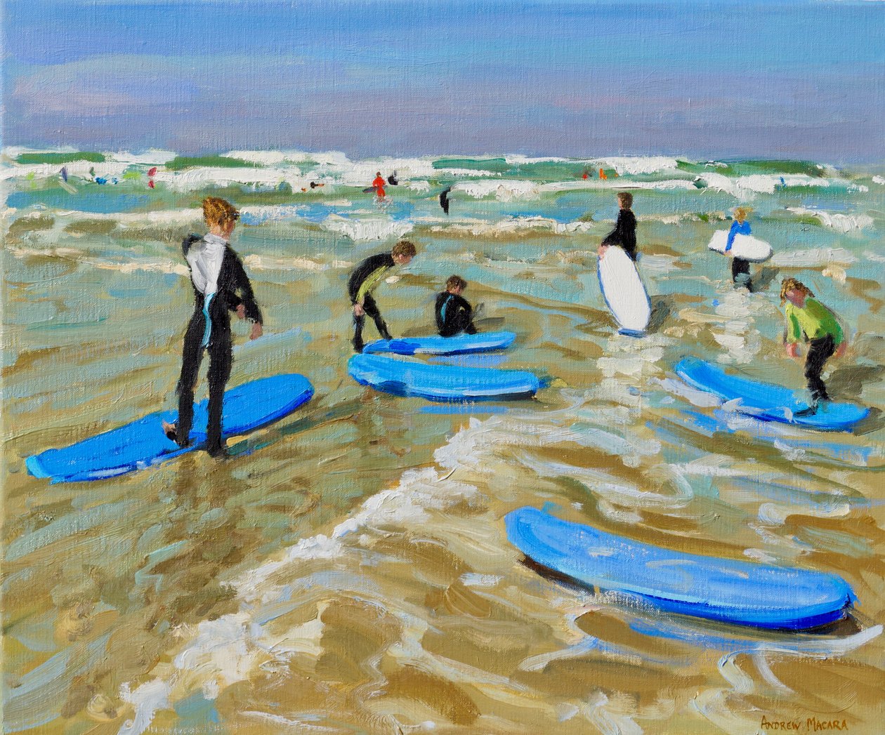 Blå surfebrett, Bude. 20x24",2019,(olje på lerret) av Andrew Macara
