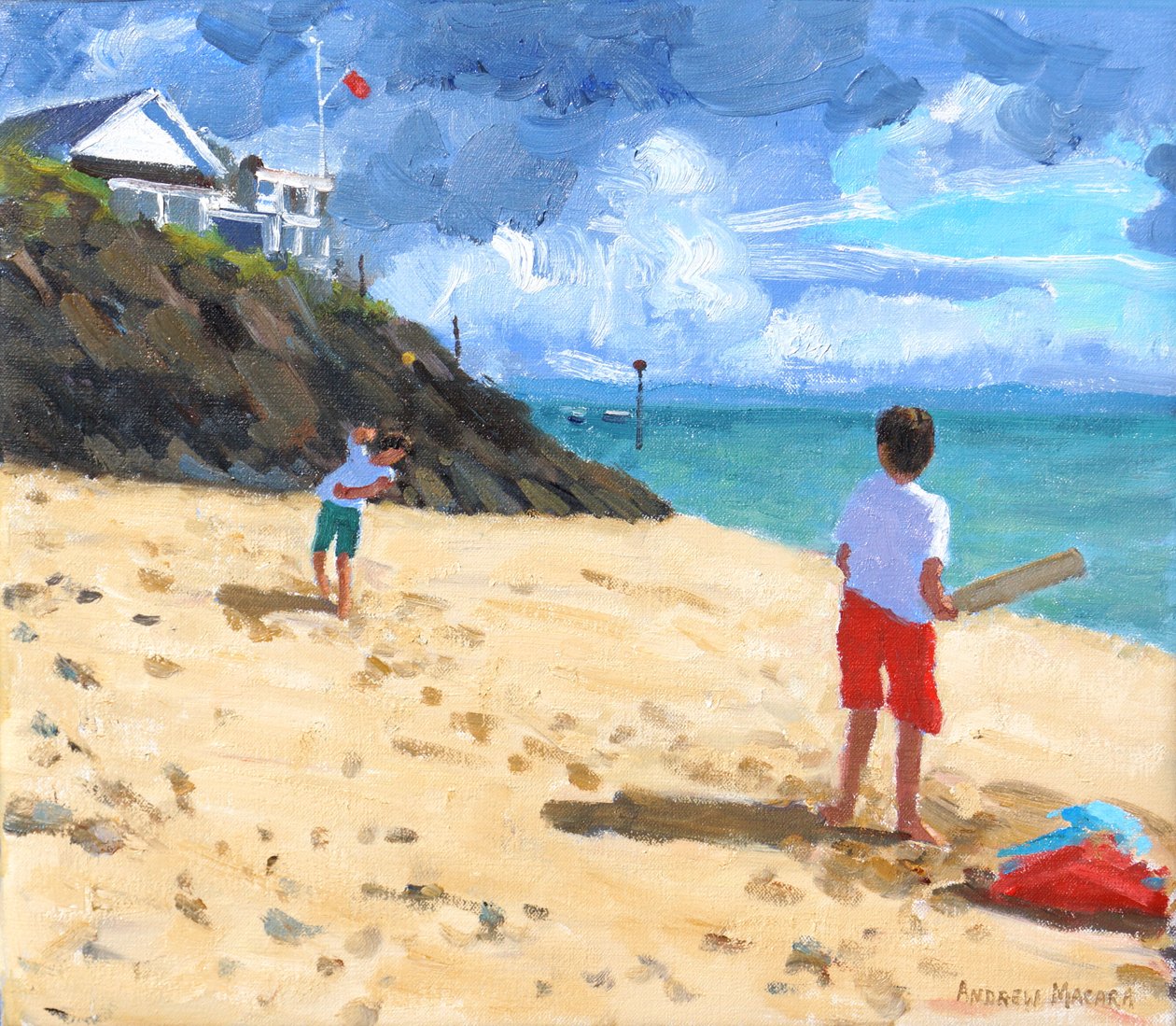 Bowling og batting, Abersoch, 2015, av Andrew Macara
