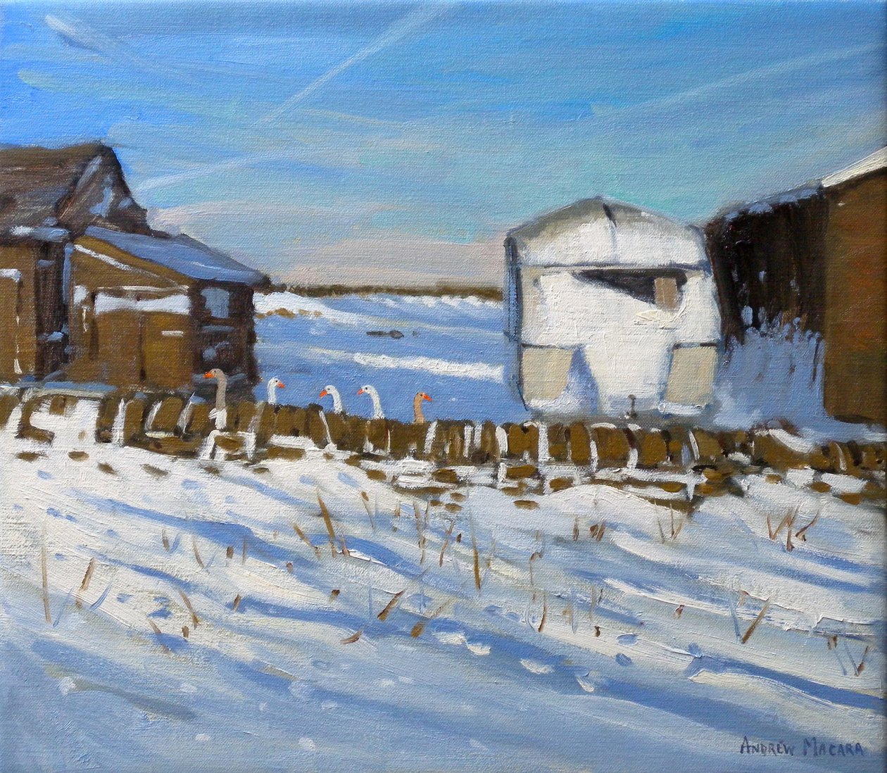 Caravan and Geese, Derbyshire, 2011 (olje på lerret) av Andrew Macara