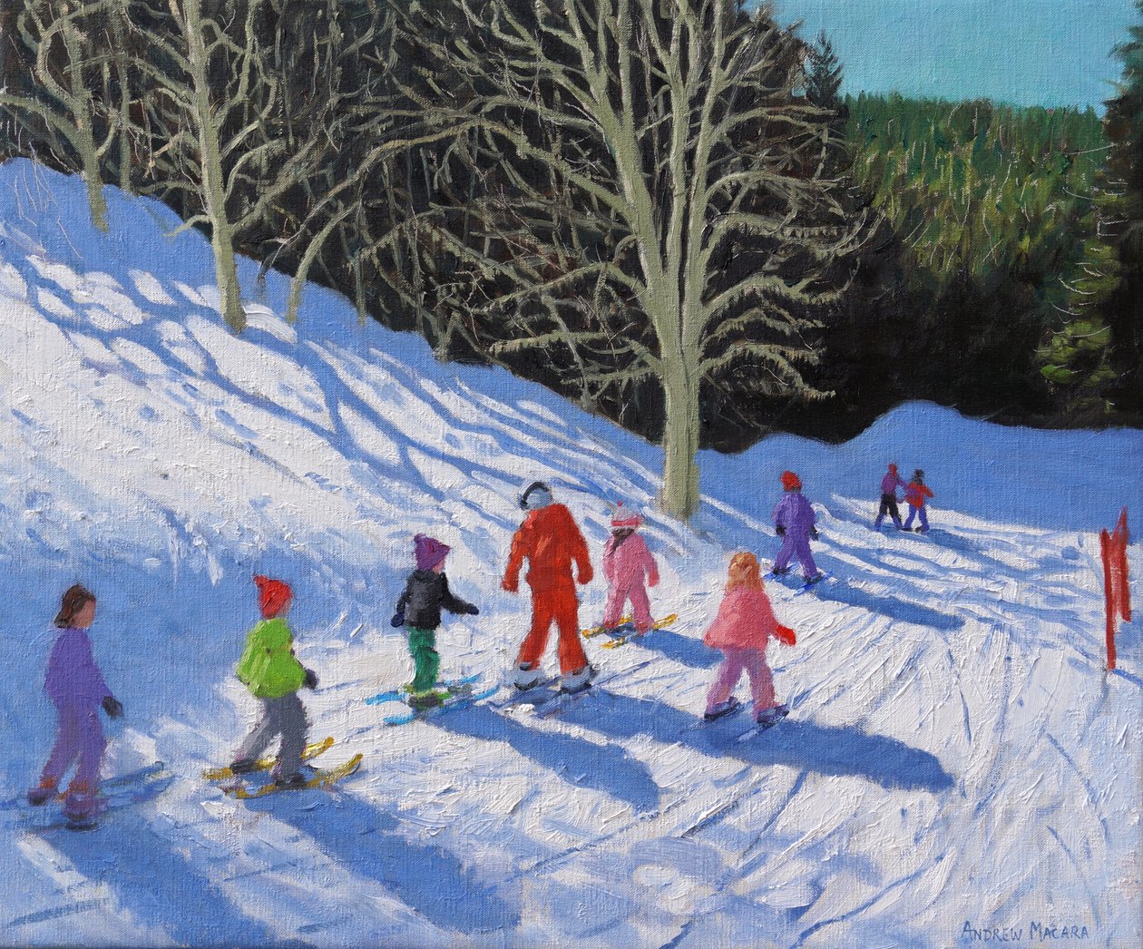Barneskitime, Courchevel til La Tania ,20"x24",2019 (olje på lerret). av Andrew Macara