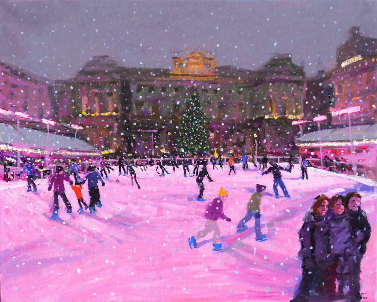 Juleskøyter, Somerset House med rosa lys, 2014 (olje på lerret)(oppdatert bilde) av Andrew Macara