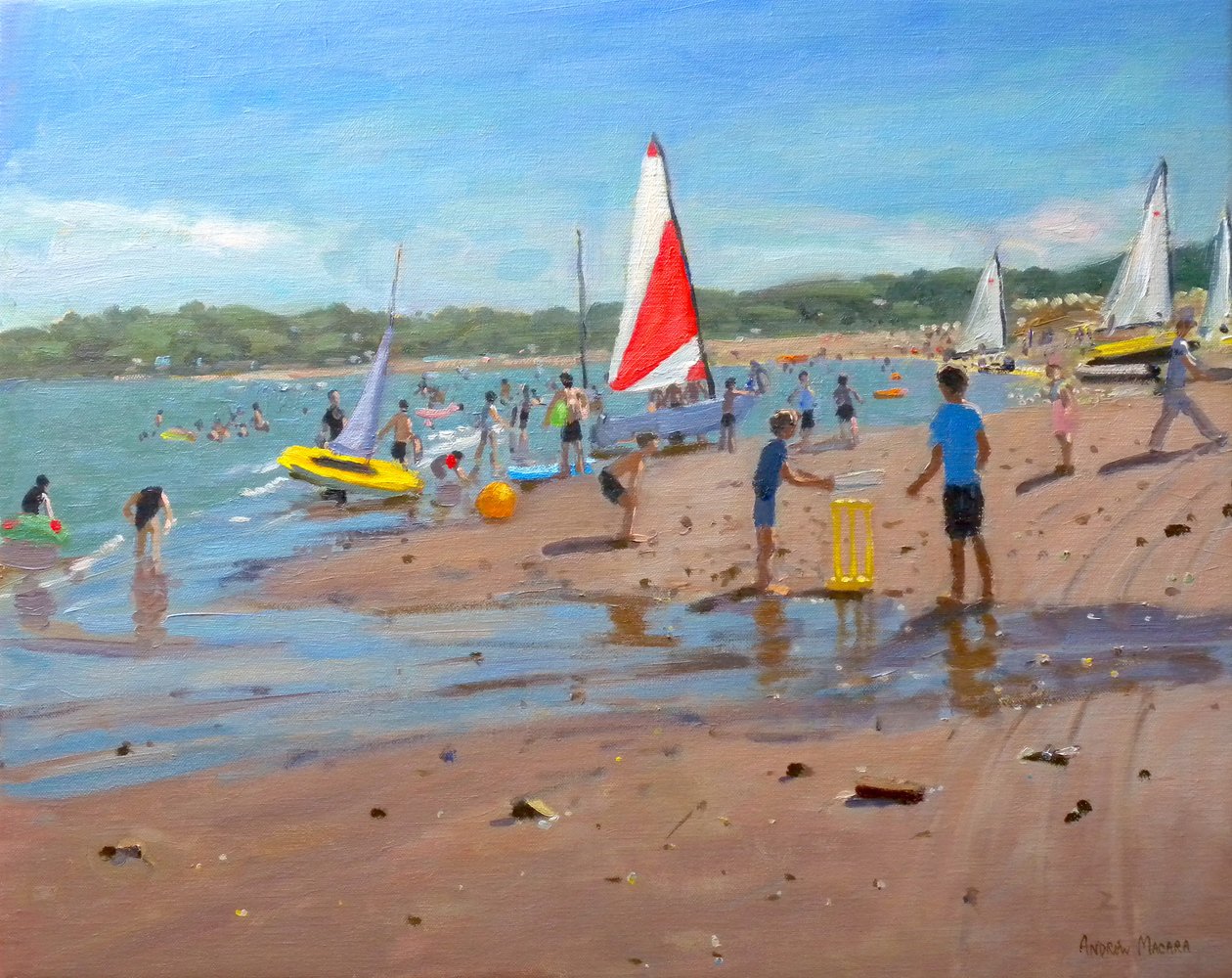 Cricket og rødt og hvitt seil, Abersoch, 2011 av Andrew Macara