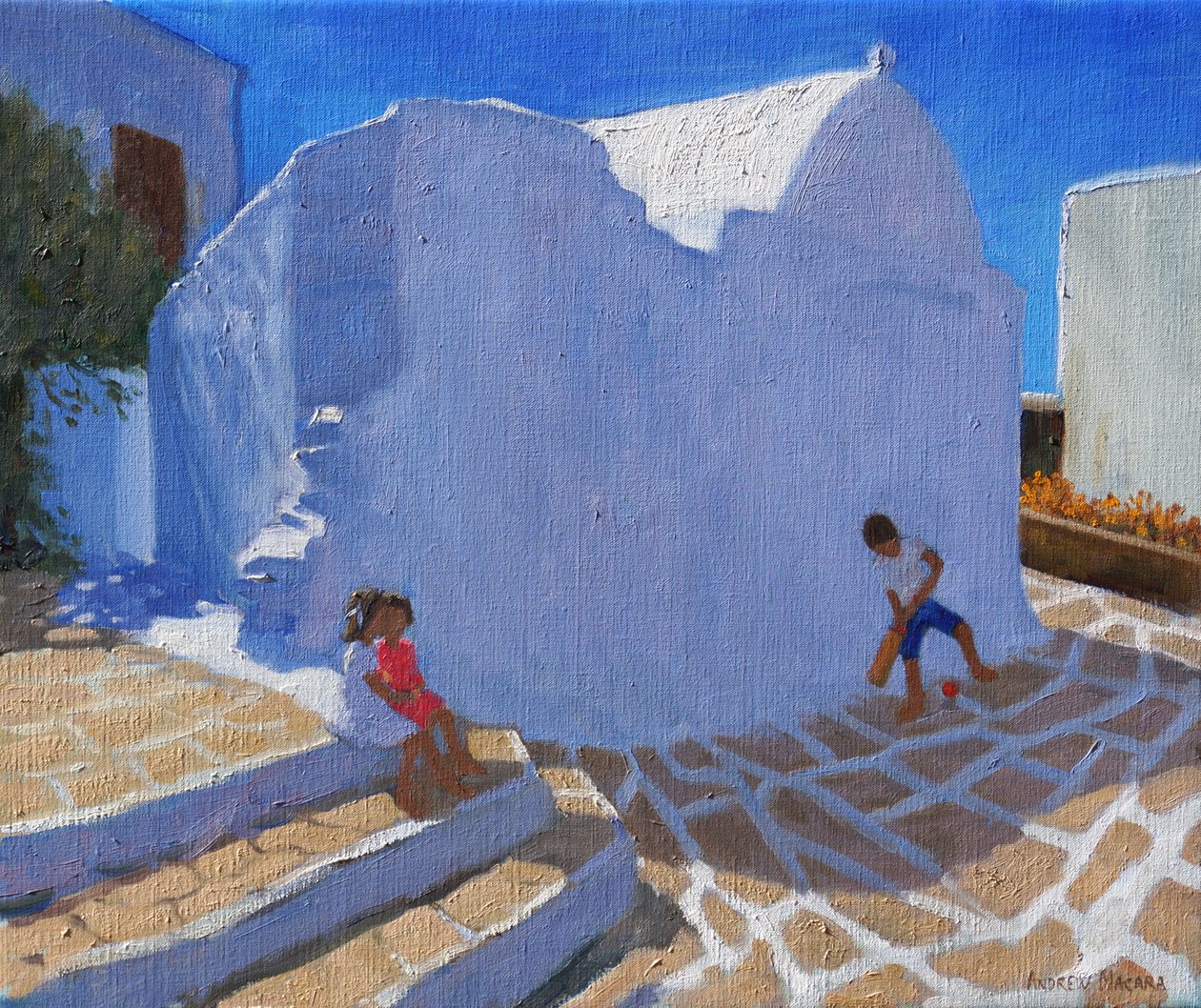 Cricket ved kirkeveggen, Mykonos (olje på lerret) av Andrew Macara