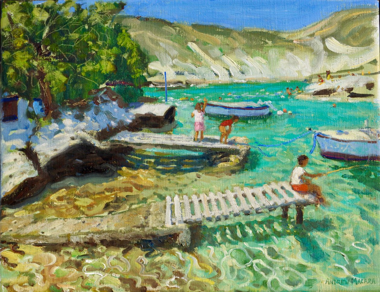 Fiske fra brygga, Milos, Hellas, 2018-2019 (olje på lerret) av Andrew Macara