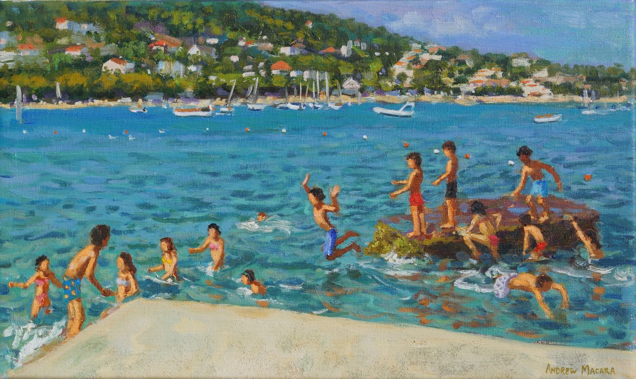 Hoppe fra steinene; Cinque Terre, Positano, Italia, 2000 (olje på lerret) av Andrew Macara