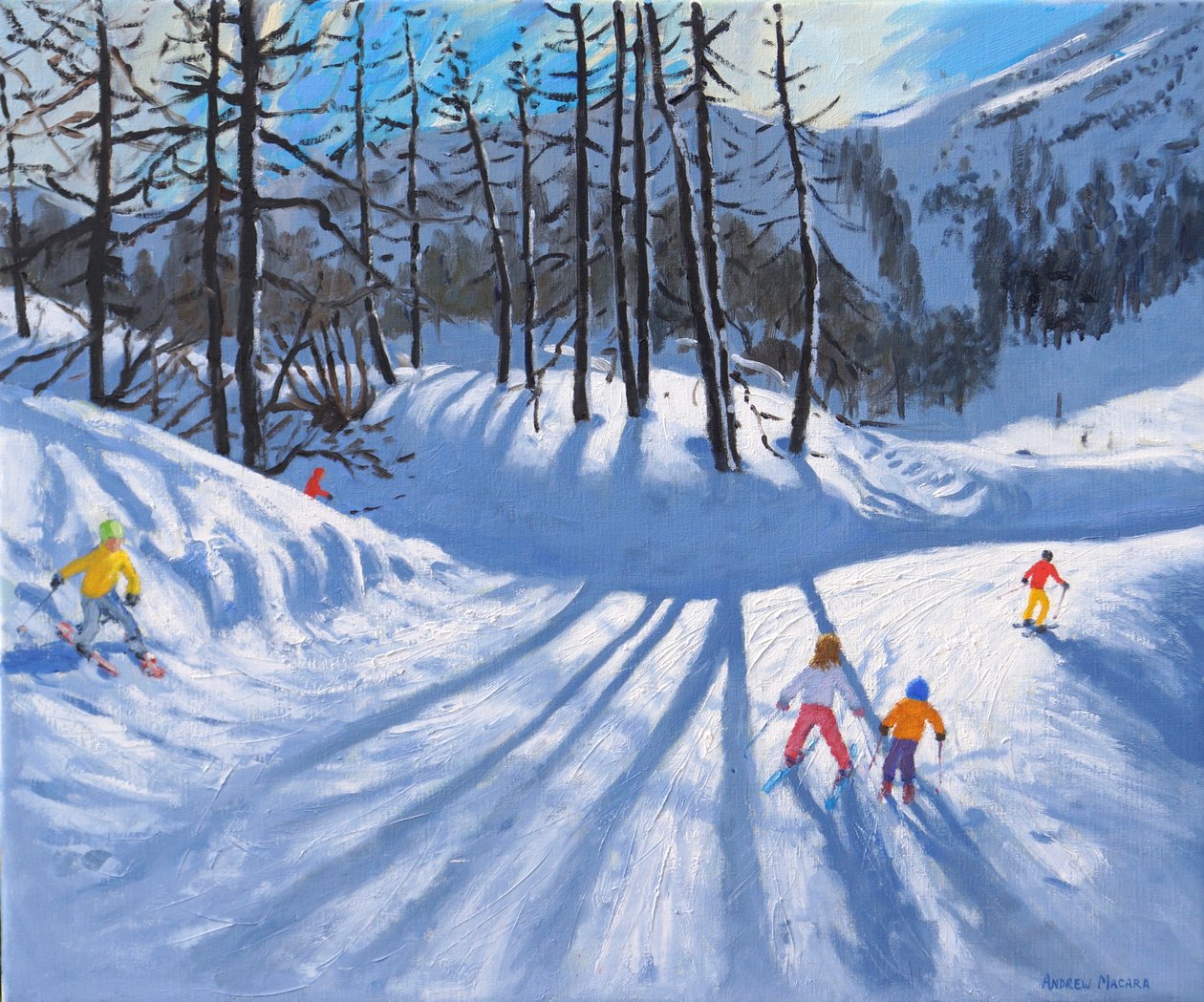 Lange treskygger og skiløpere, Tignes, 2016-2019,(olje på lerret) av Andrew Macara