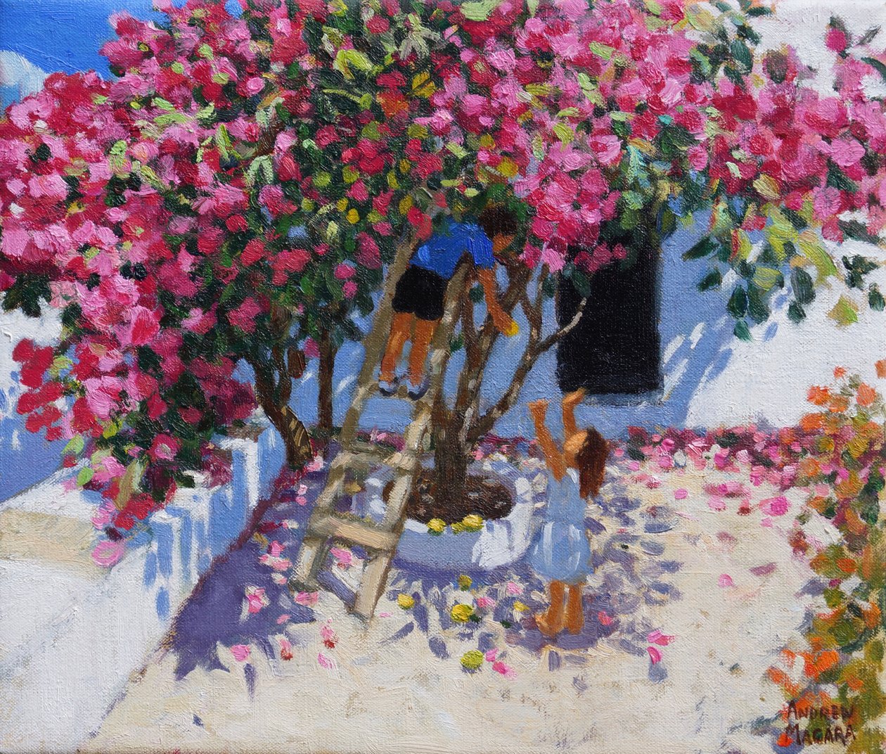Å plukke sitroner, Skiathos, Hellas, 2021, (olje på lerret) av Andrew Macara