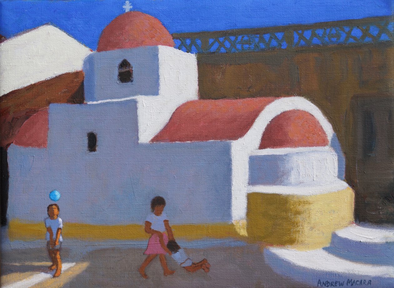 Spille av kirken, Karpathos, greske øyer, (olje på lerret) av Andrew Macara