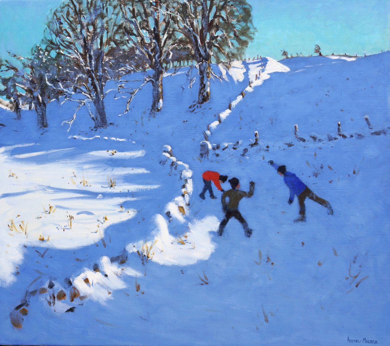Leker i snøen Youlgrave, Derbyshire, 2016, (olje på lerret) av Andrew Macara