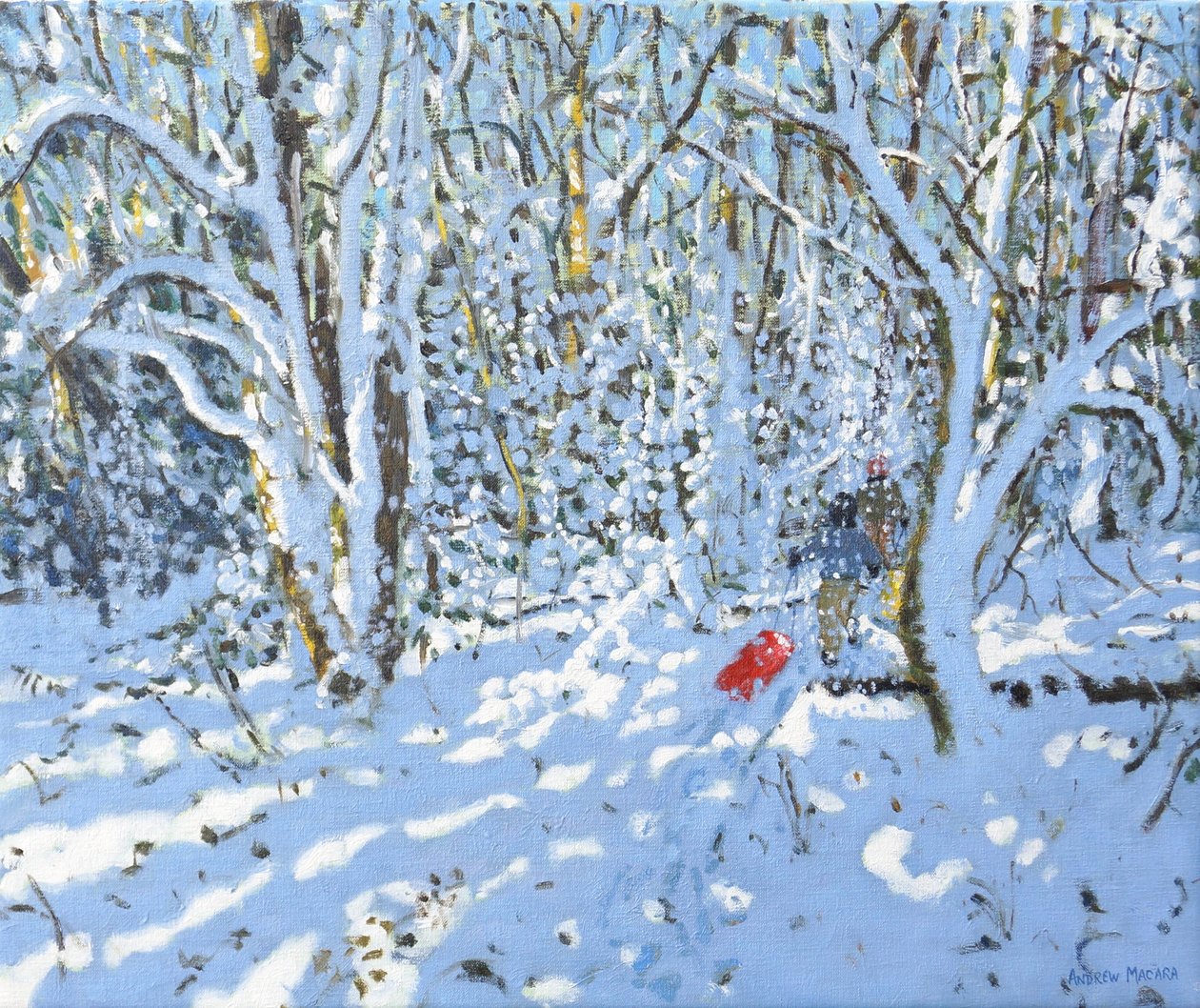 Rød slede, Allestree Park, Derby, 2022 (olje på lerret) av Andrew Macara
