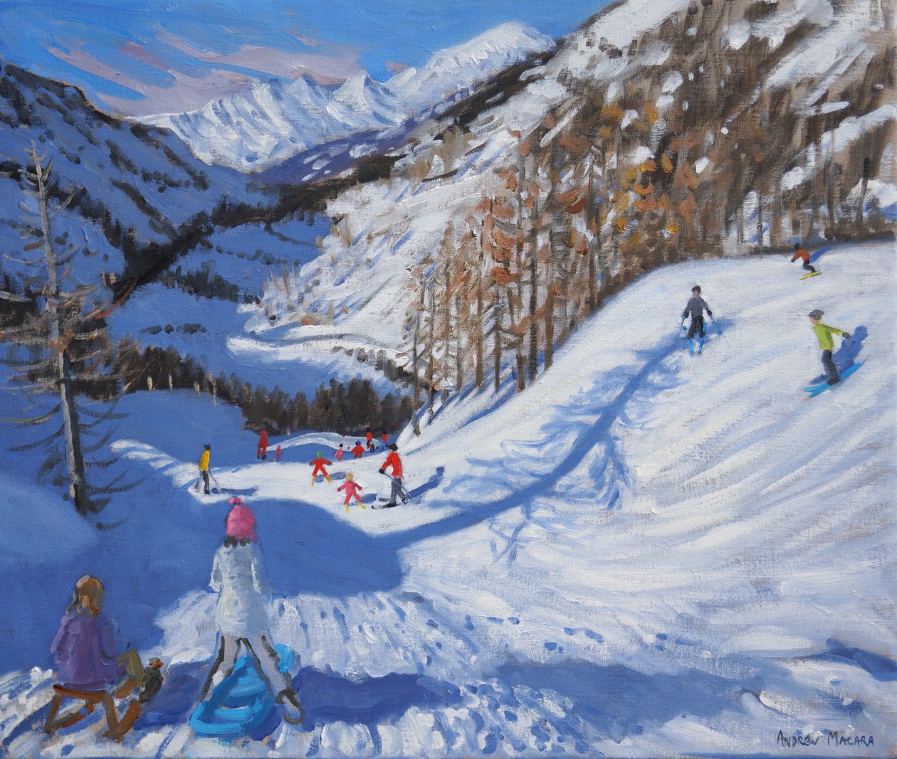 Skyggen av en gran,og skiløpere Tignes.2014,(olje på lerret) av Andrew Macara
