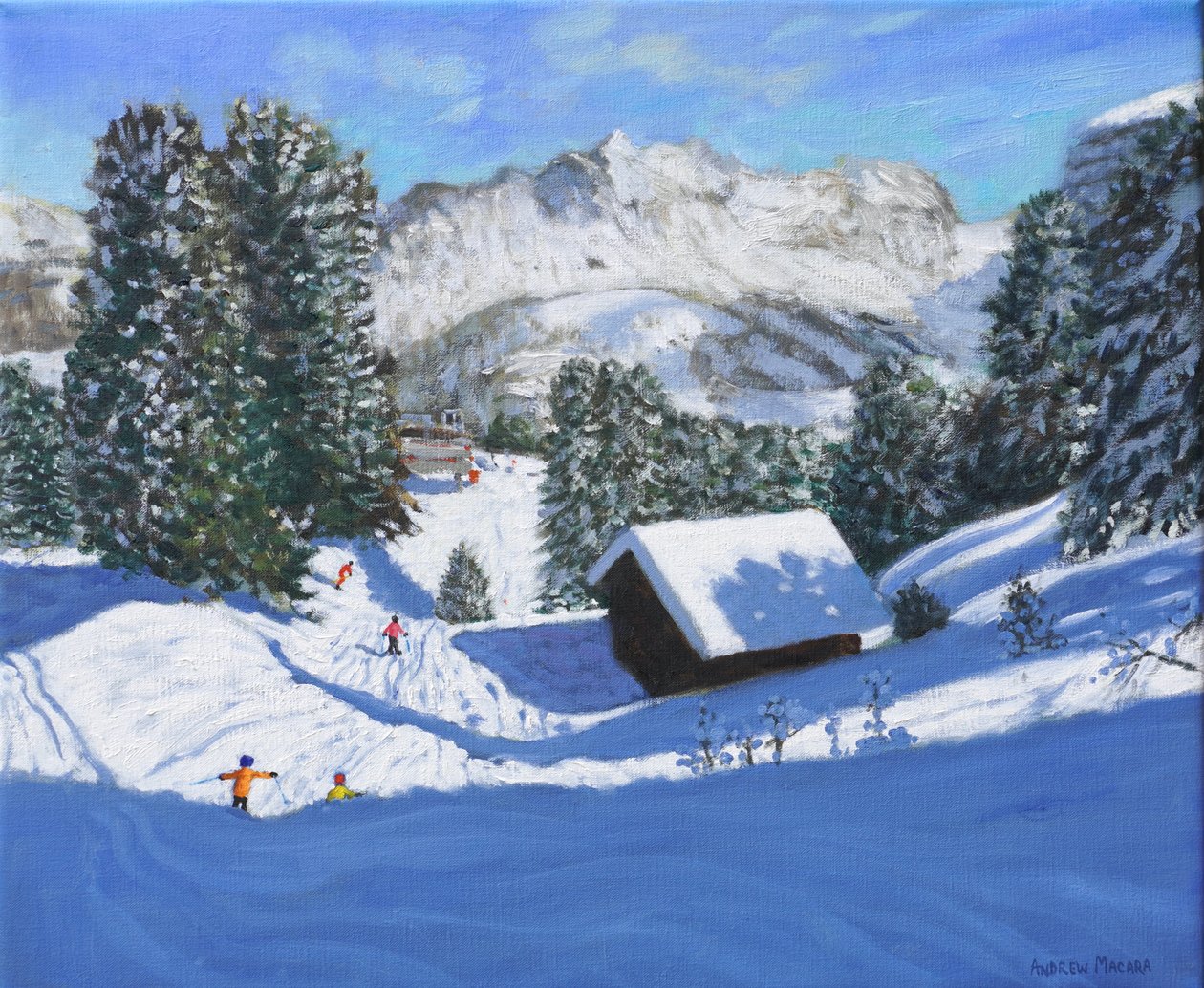 Skihytte, Samoens, Grand Massif, Frankrike, 2023 (olje på lerret) av Andrew Macara