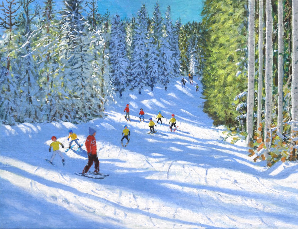 Skitime, Samoens, Frankrike, 2020, (olje på lerret) av Andrew Macara