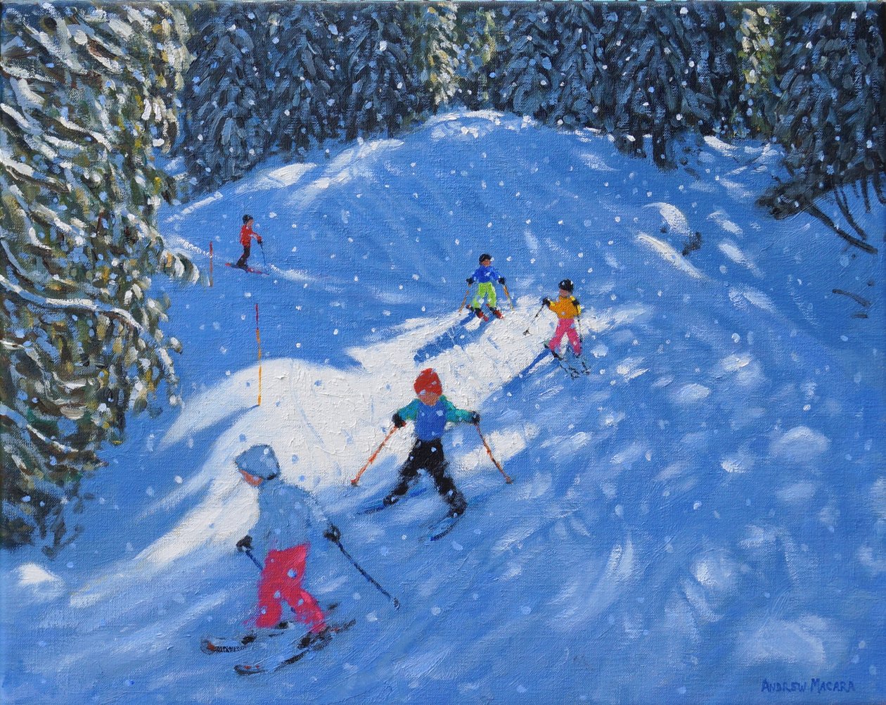 Skiskole. Samoens, Grand Massif, Frankrike, 2021 (olje på lerret) av Andrew Macara
