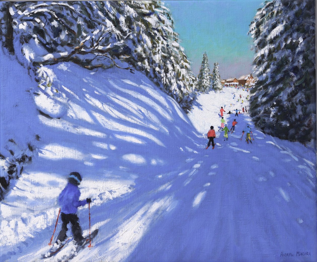 Ski, Samoens, Grand Massif, Frankrike, 2021 (olje på lerret) av Andrew Macara