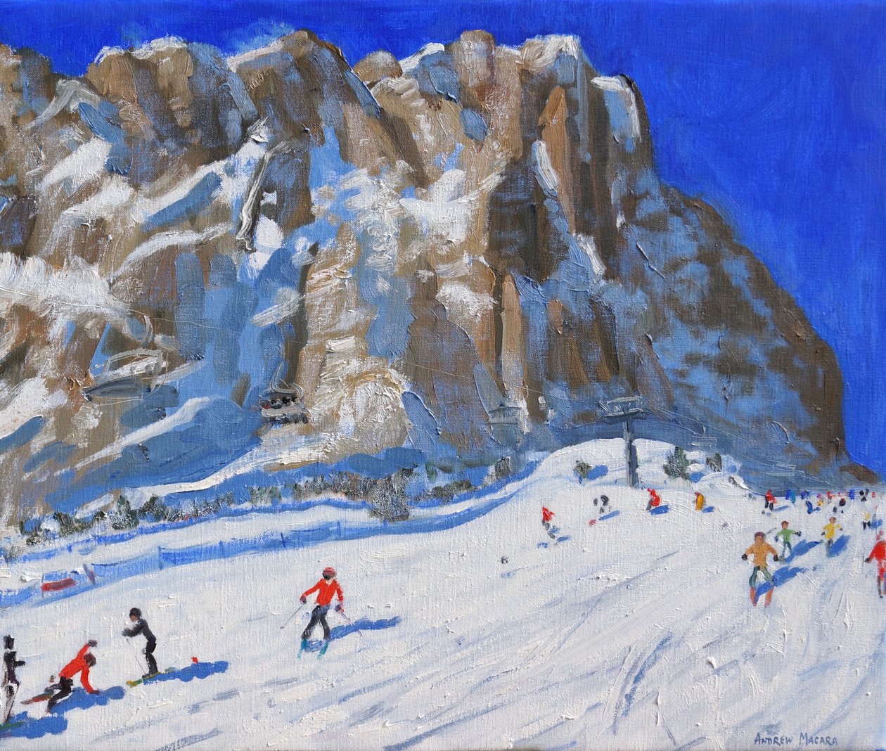 Gå på ski nedover fjellet,Selva Gardena, (olje på lerret) av Andrew Macara