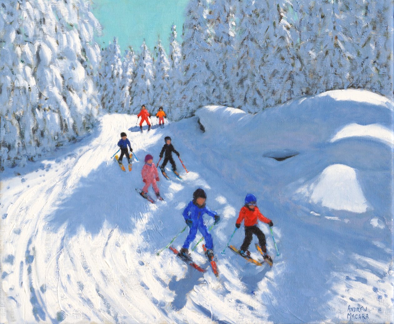 Gå på ski nedover stien ,Courchevel ,2018,(olje på lerret) av Andrew Macara