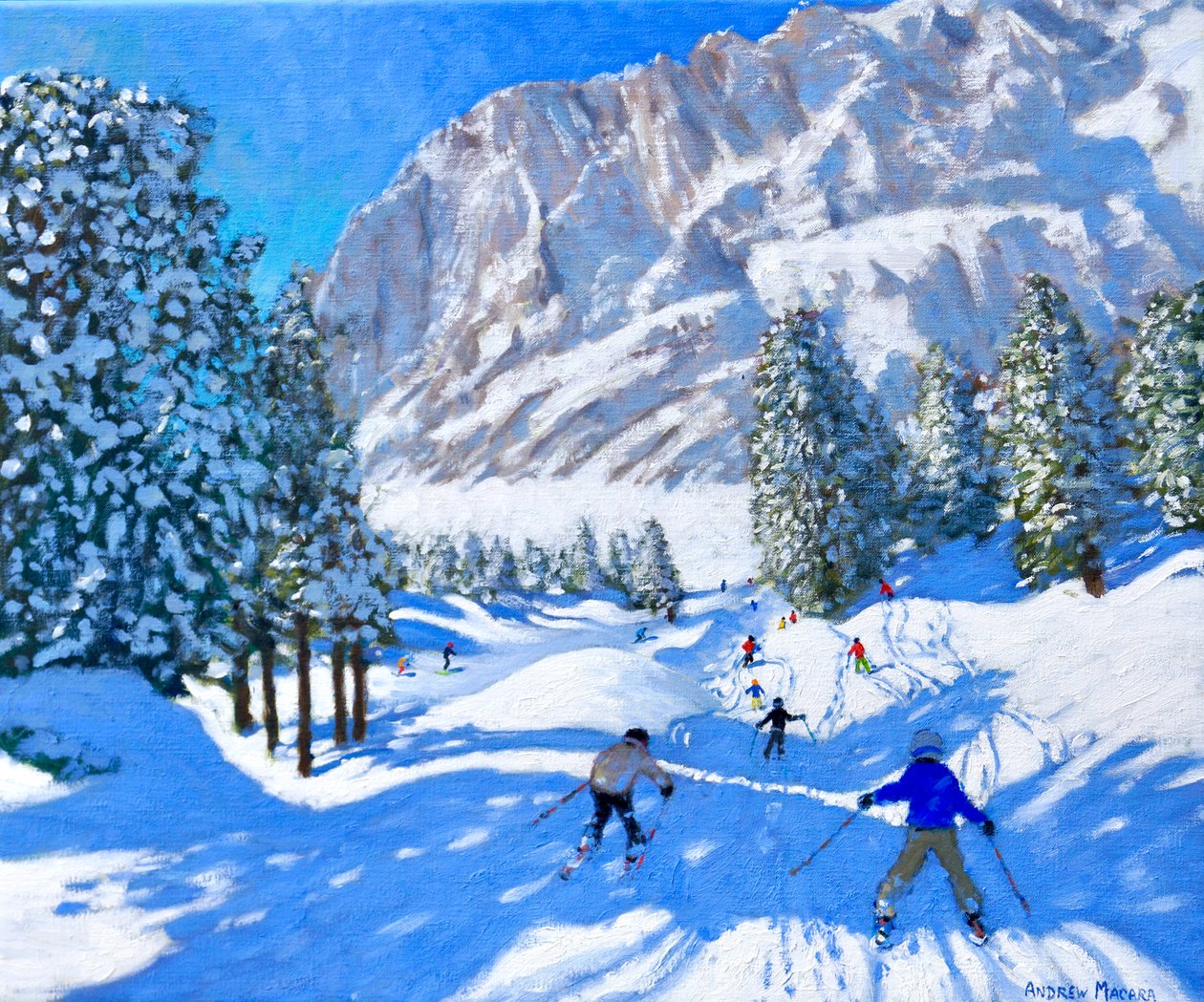 Gå på ski mot Dolomittene, Val Gardena, Italia, 2022 (olje på lerret) av Andrew Macara