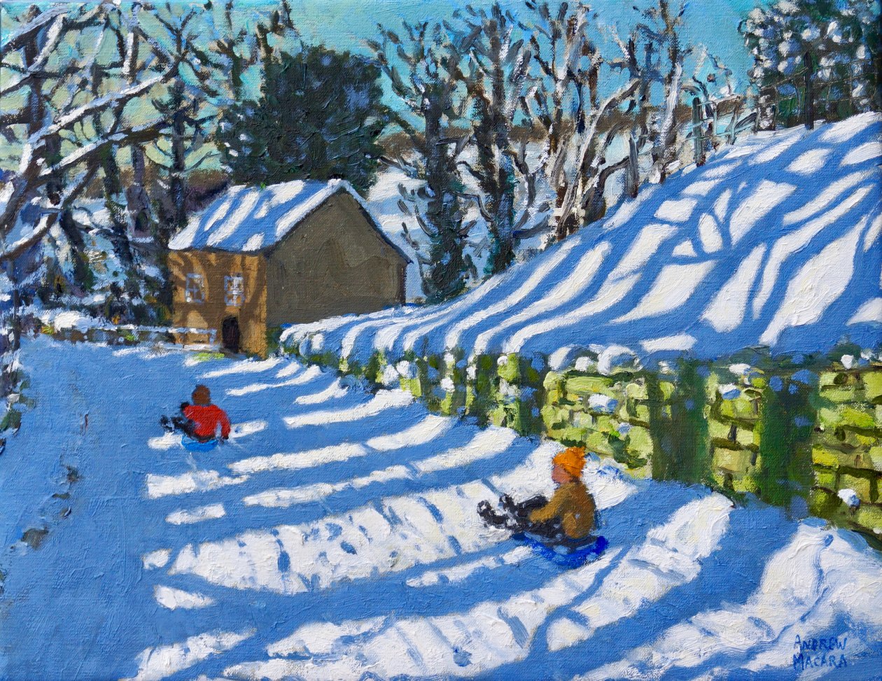 Sledging, Upper Hulme, Leek, 2020, (olje på lerret) av Andrew Macara