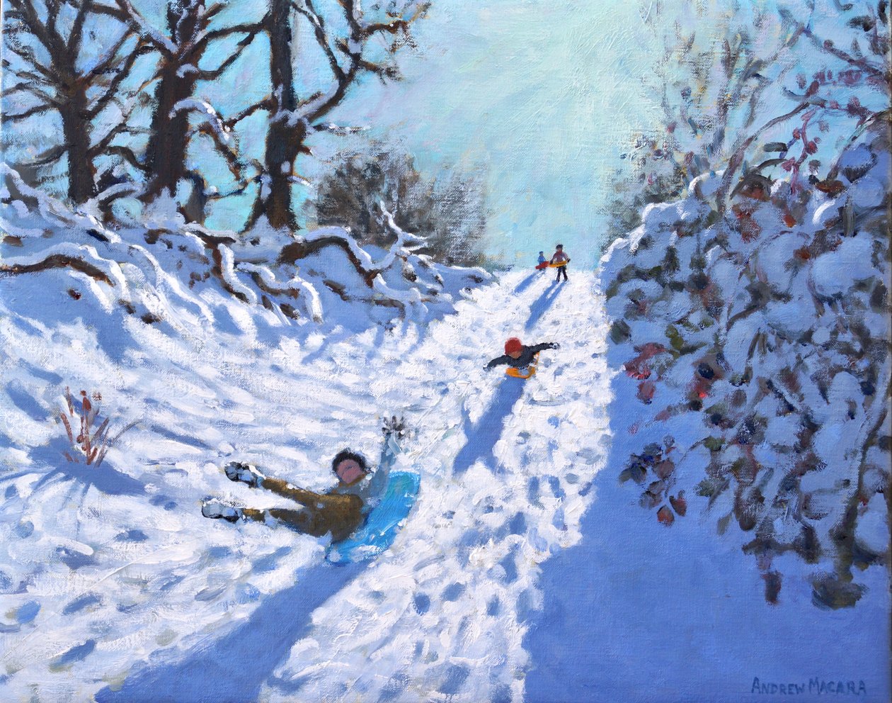 Sledging, Calke Abbey, Ticknall, Derby, 2021 (olje på lerret) av Andrew Macara