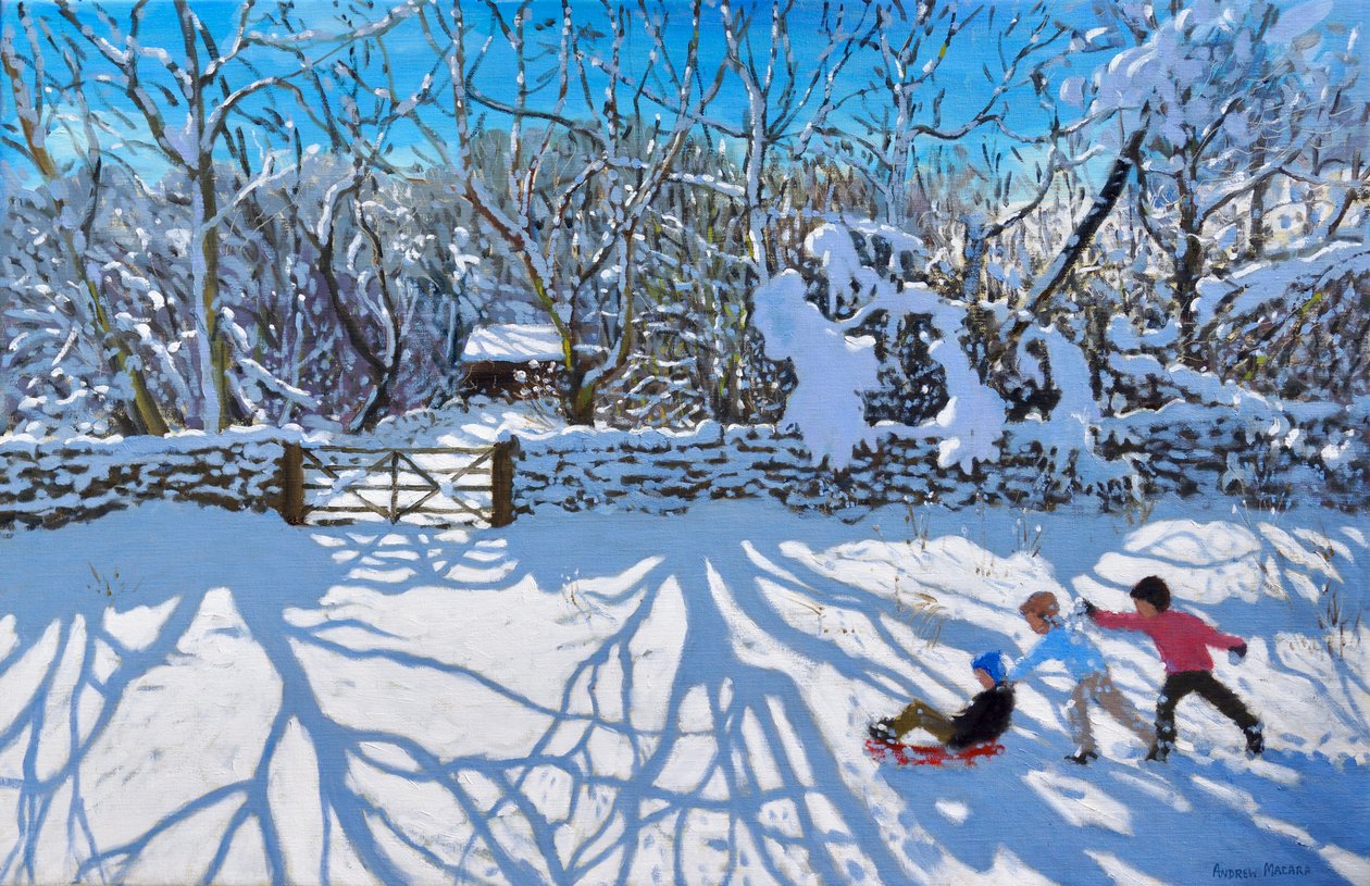 Sledging, Gambols Lane, Dovehead, High Peak, Derbyshire, 2021 (olje på lerret) av Andrew Macara