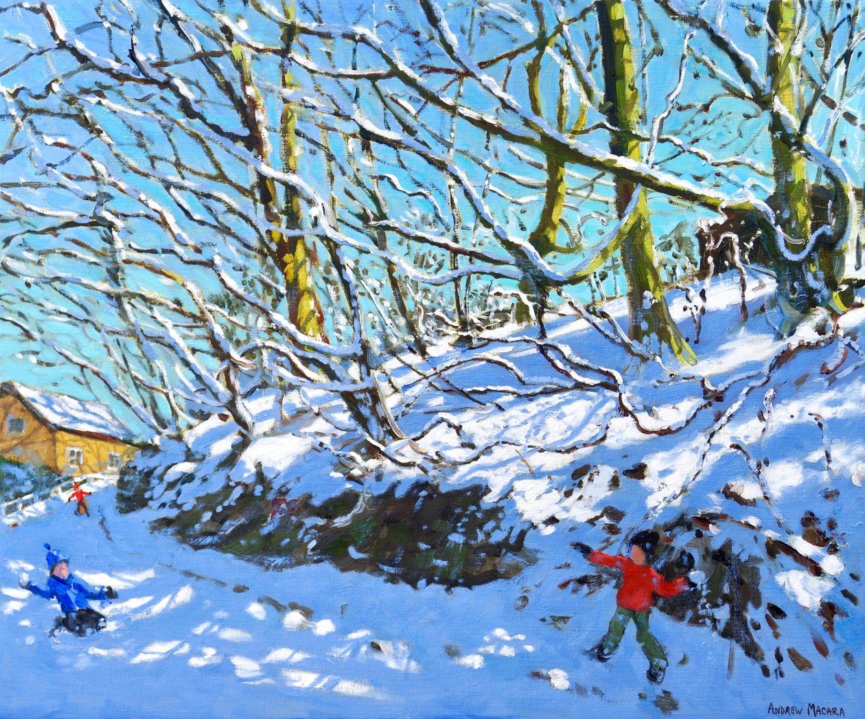Snowballing, Upper Hulme, Staffordshire, 2020, (olje på lerret) av Andrew Macara