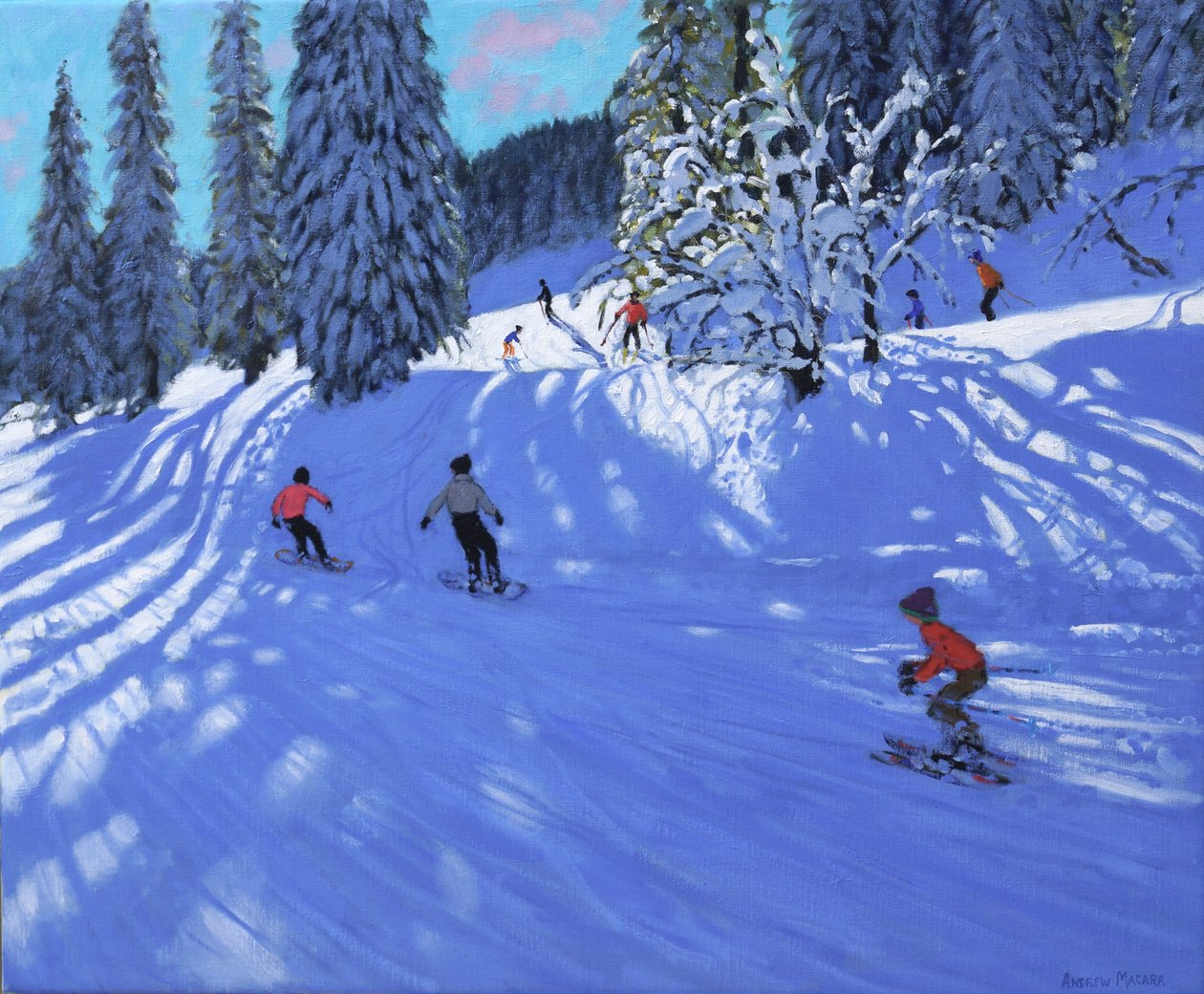 Snowboardere og skiløpere, Morzine, Frankrike, 2022 (olje på lerret) av Andrew Macara