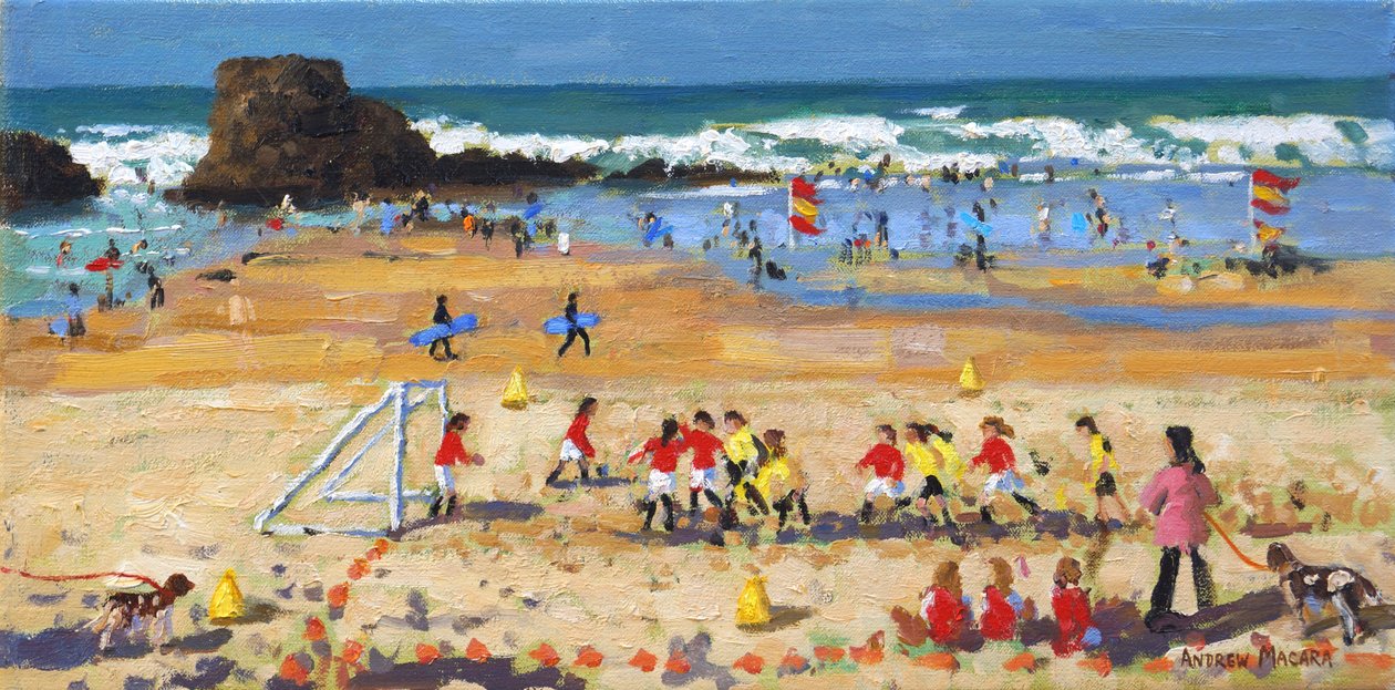 Sports day, Perranporth, 2017, (olje på lerret) av Andrew Macara