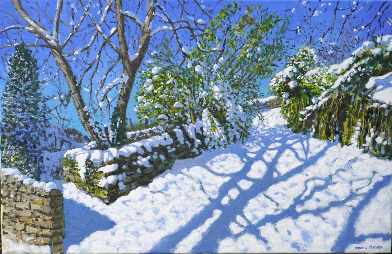 Vårsnø, Wirksworth, Derbyshire, 2023 (olje på lerret) av Andrew Macara