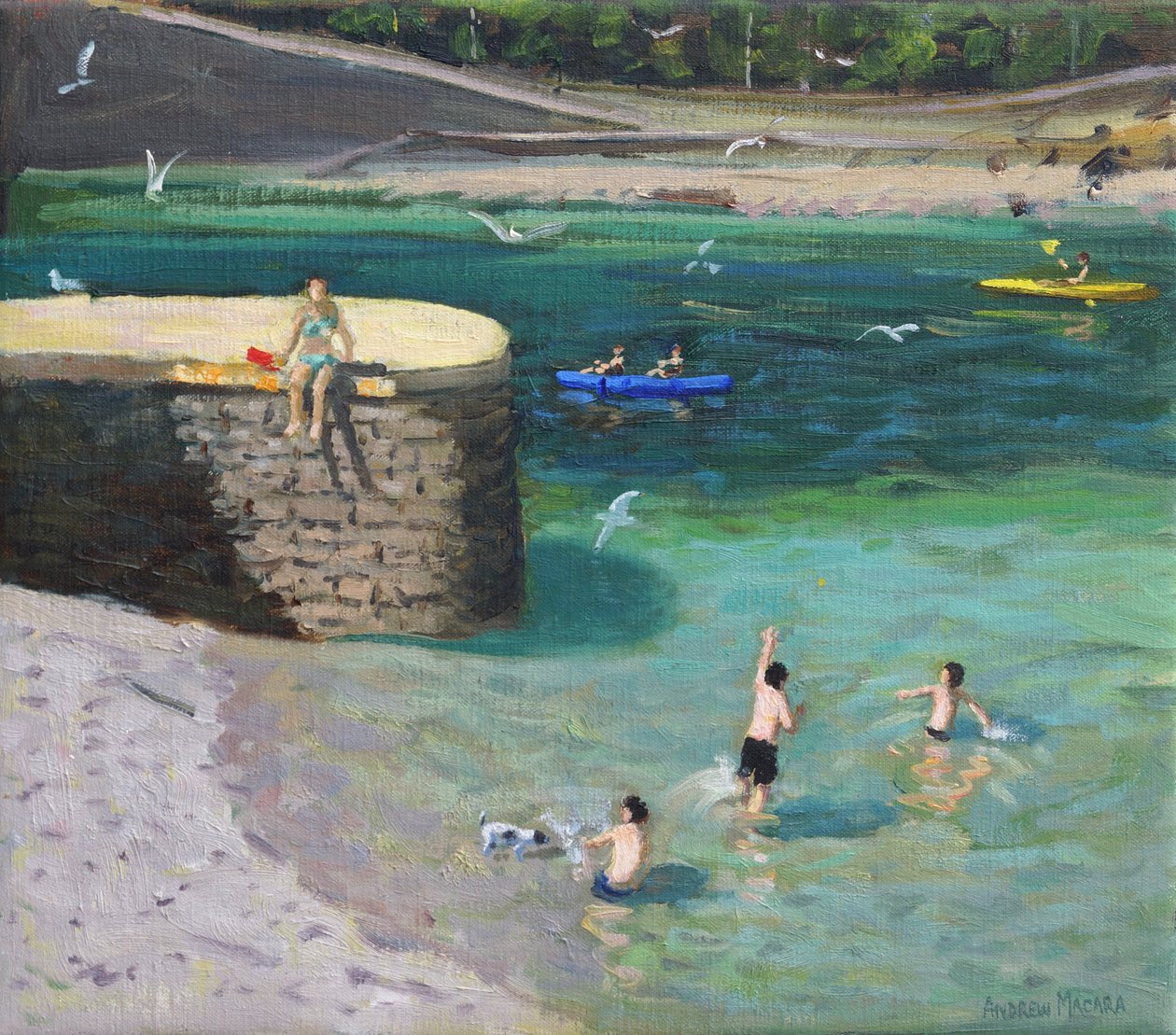 The Harbour, Looe, 2018, (olje på lerret) av Andrew Macara