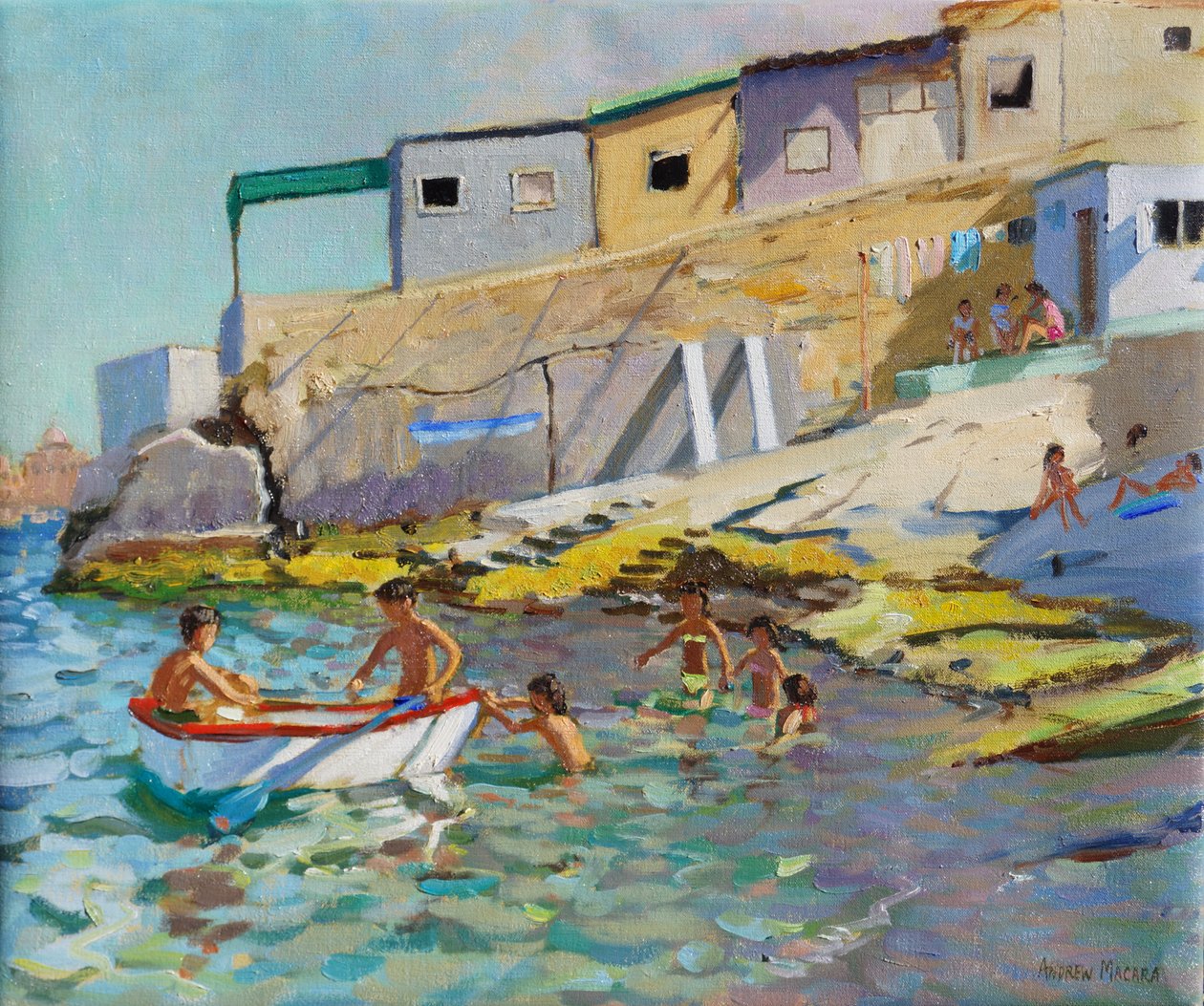 Robåten, Valletta, Malta, 2015, (Olje på lerret) av Andrew Macara